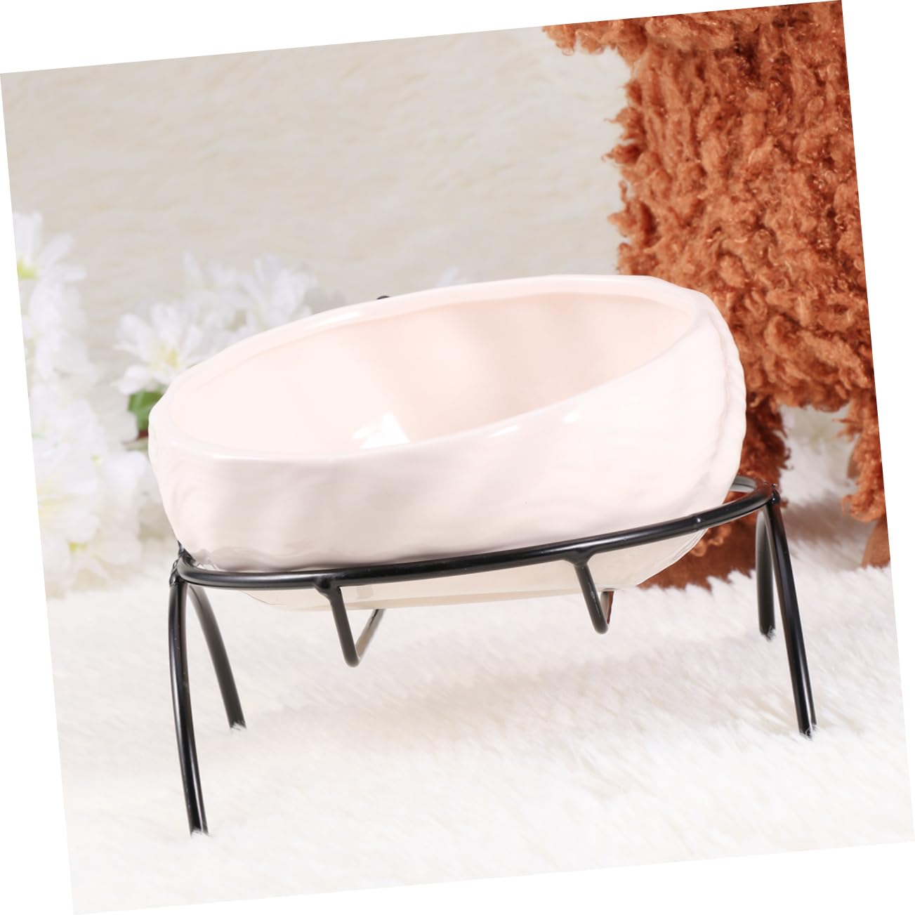 Happyyami 1 Set Pet Feeder Pale Pink Ceramic Food Bowl with Iron Frame Rack for Dogs Cats Non Slip Design Easy to Clean Height for Comfortable Eating Drinking