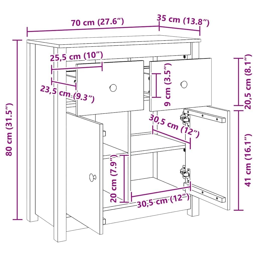 Credenza bianca, 70 x 35 x 80 cm, comò in legno massello di pino