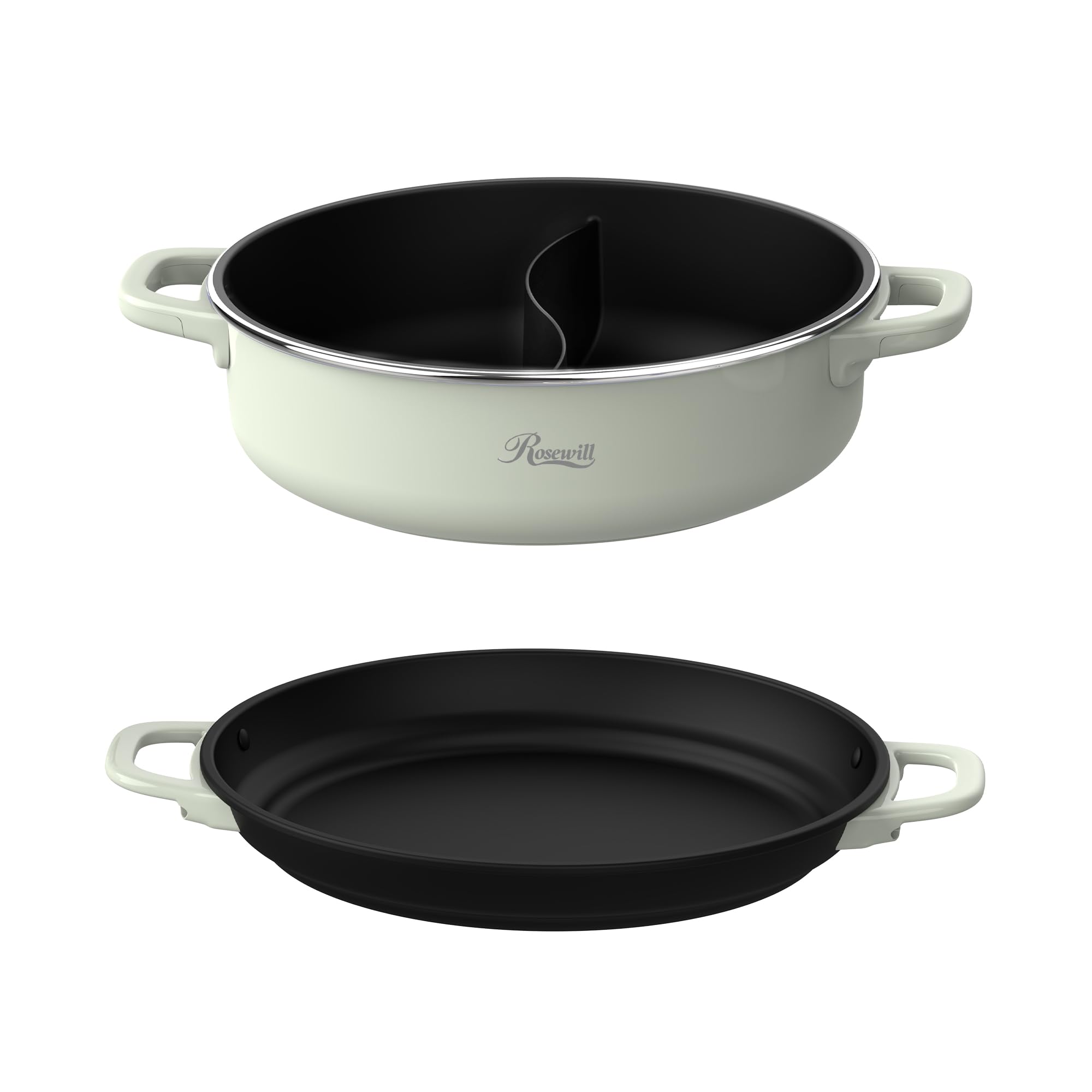 Rosewill 12.7 QT Electric Hot Pot Accessory Kit 2 pcs, Includes Dual-Sided Hot Pot and Shallow Fry Pan, with easy-to-carry Handle and Non-stick Coating - Light Green