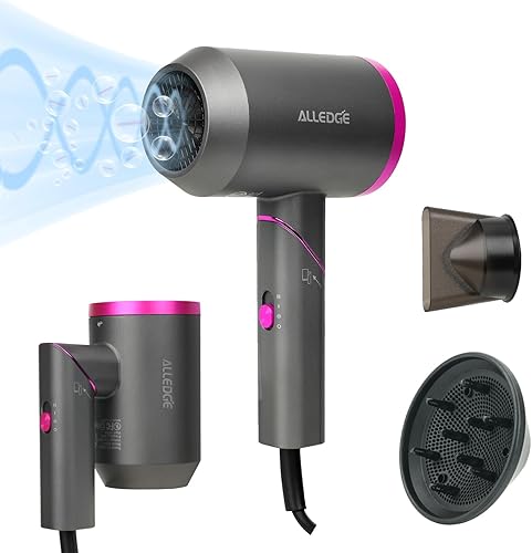Secador de pelo con difusor de 1850 W, secador de pelo iónico de viaje, secador de pelo plegable, secado rápido para mujeres, cabello grueso y