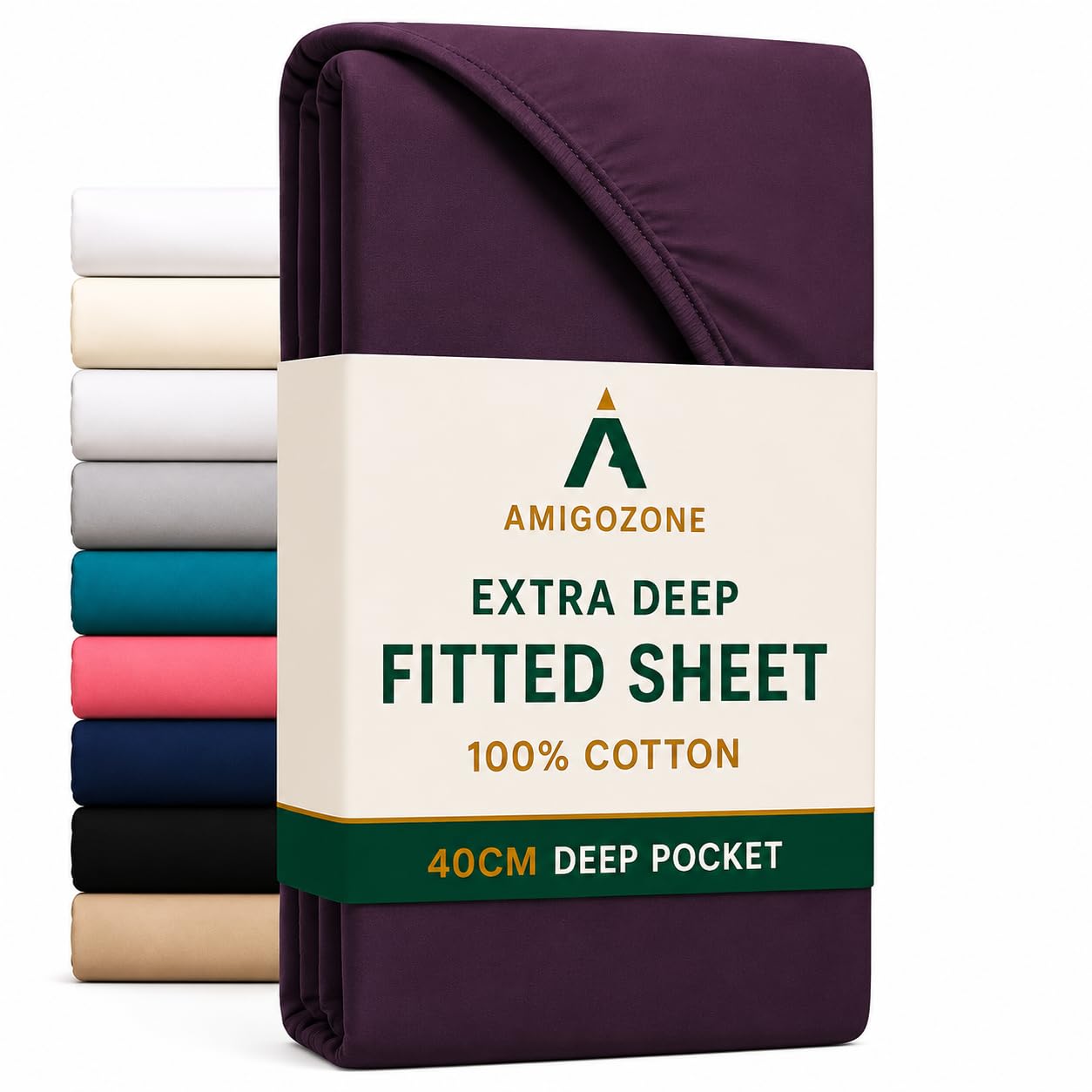 AmigoZone 16"(40cm) Extra Deep 100% Egyptian Cotton Fitted Sheet (Double, Plum) — image 1