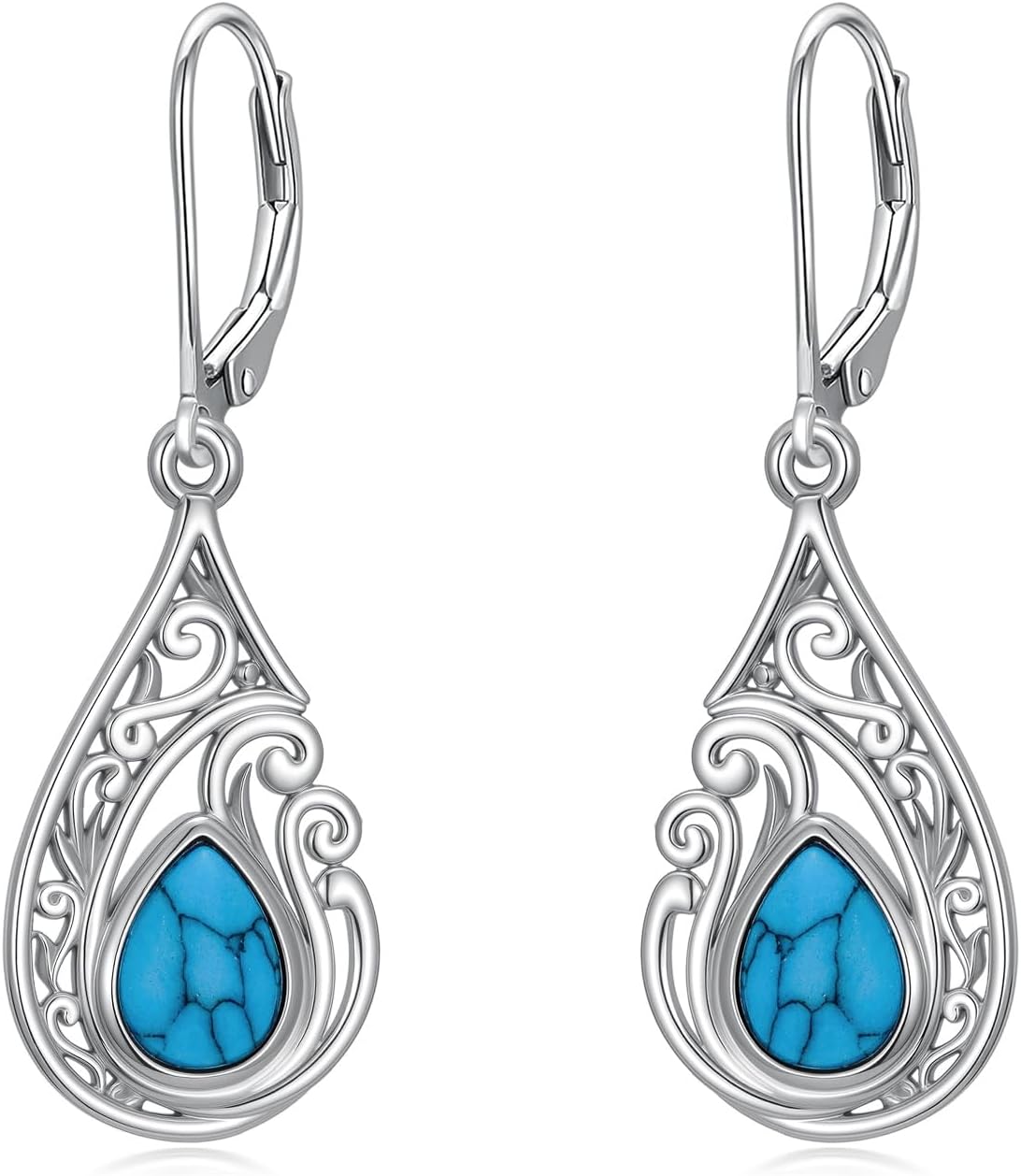 Genuine Turquoise Filigree Earrings 925 Sterling Silver 6 * 8mm Teardrop Shaped Turquoise Drop Earrings Jewelry Gift for Women