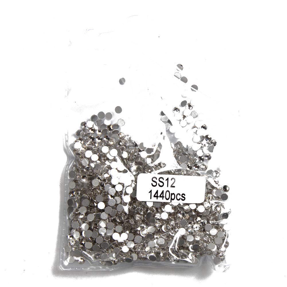 BEADSLAND1440 PCS Flat Back Crystal Rhinestones Round Gems for Nail Art Glue Fix, Crystal(SS12(3.0-3.2mm))