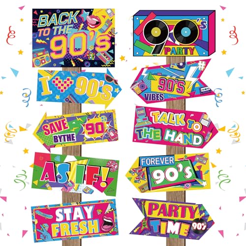 Image of 20 Pieces 90s Party Sign Decorations Back to The 90s Directional Signs Retro Hip Hop Birthday Decorations for Door Wall Yard Photo Booth Props Neon Themed Party Supplies
