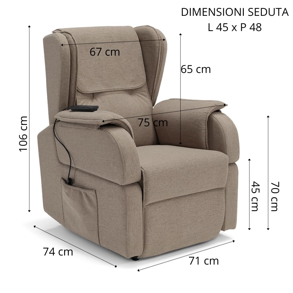 Poltrona relax elettrica Berlino per anziani, 2 motori, 4 ruote, tessuto antimacchia, alzapersona, kit optional batteria, braccioli estrabili e tavolino opzionale (4 Ruote + Tavolino, Tortora)
