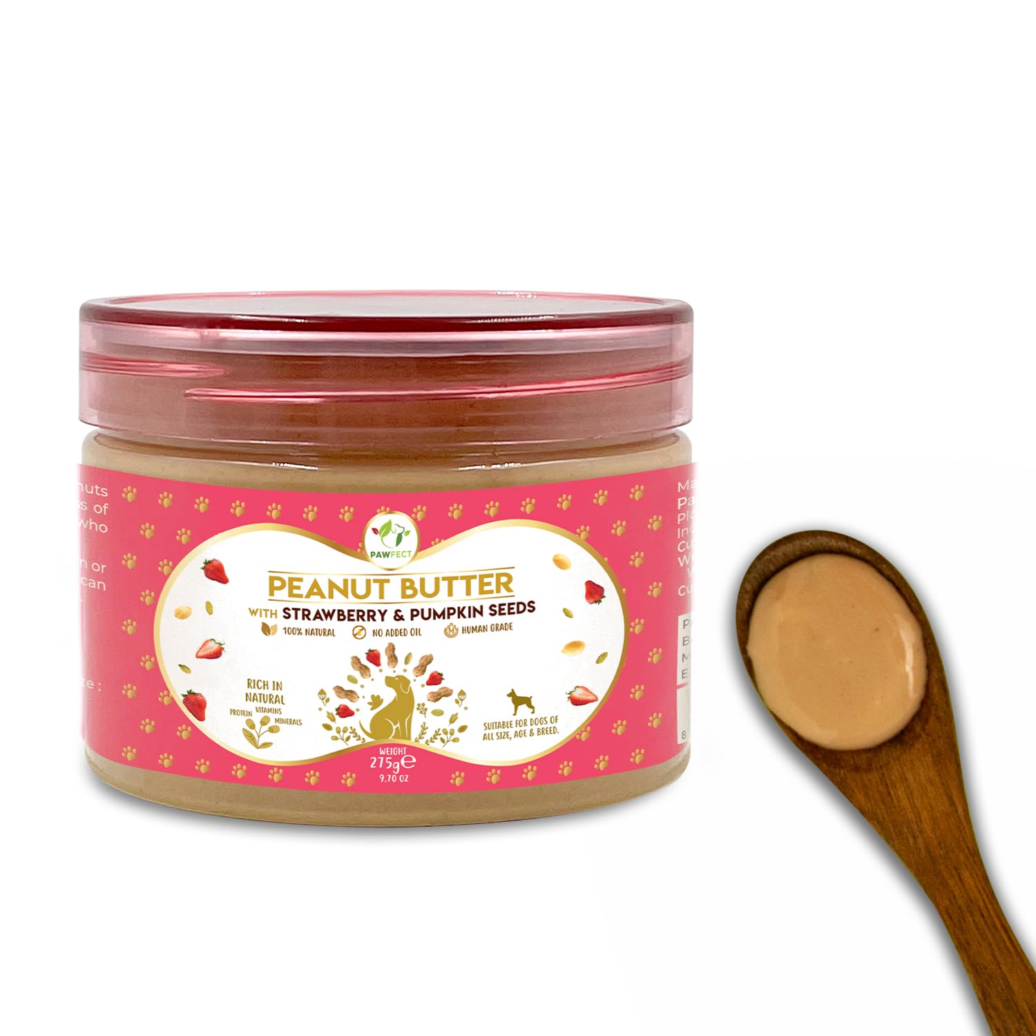 Pawfect Peanut Butter with Strawberry & Pumpkin Seeds for Dogs & Puppies - 100% Natural Lickable Treat- No Added Sugar, Salt, Palm Oil - No Sweeteners, No Xylitol - Healthy Dog Treat (275g/9.70oz)
