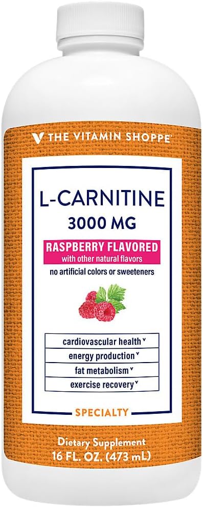 The Vitamin Shoppe L-Carnitine Liquid 3000mg - Cardio Performance & Fat Burner | Free-Form Amino Acid | 24 oz Raspberry | Vegan