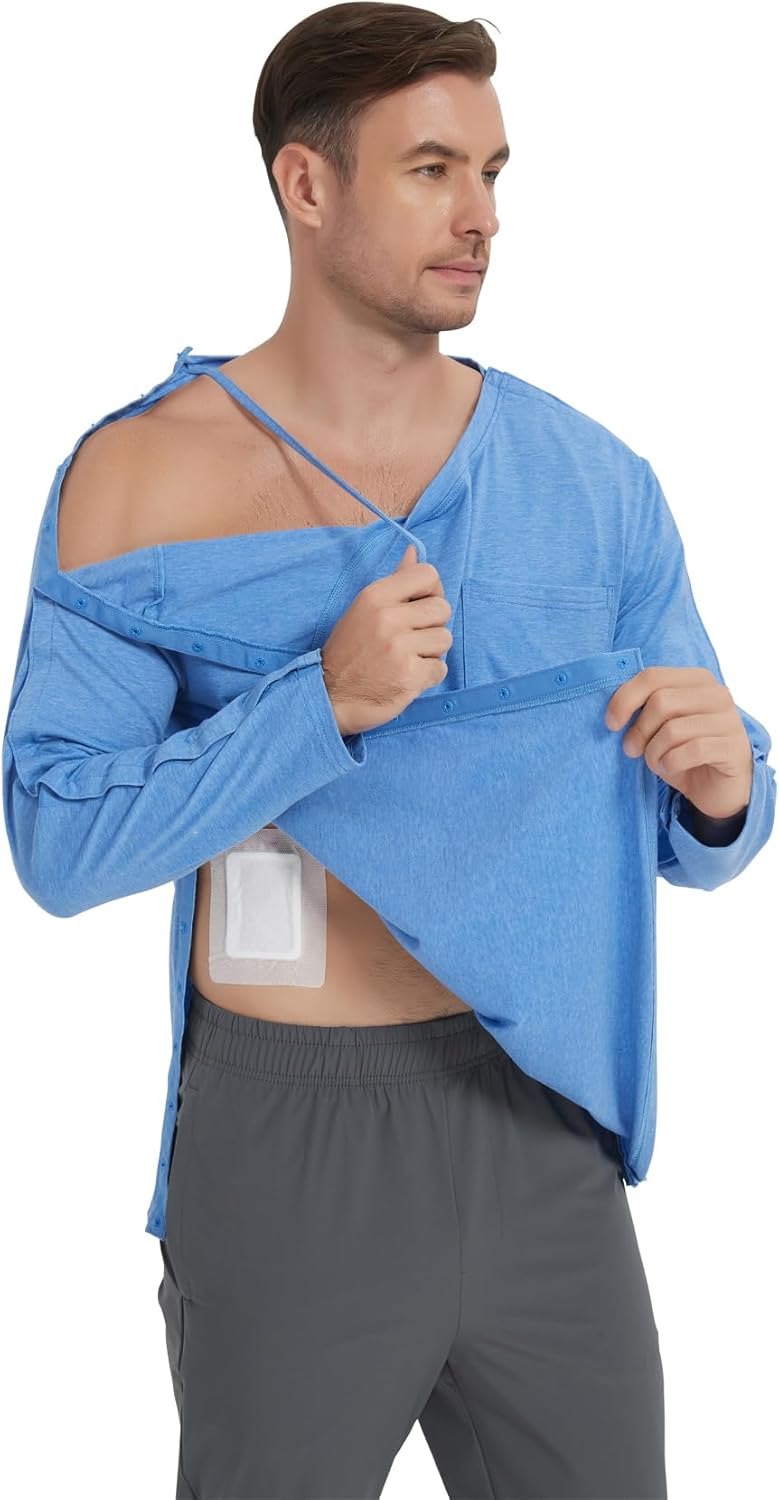 Cotton Men's Post Shoulder Surgery Shirts Clothes After Rotator Cuff Surgery Chemo Port Access Long Sleeve T Shirt with Snaps