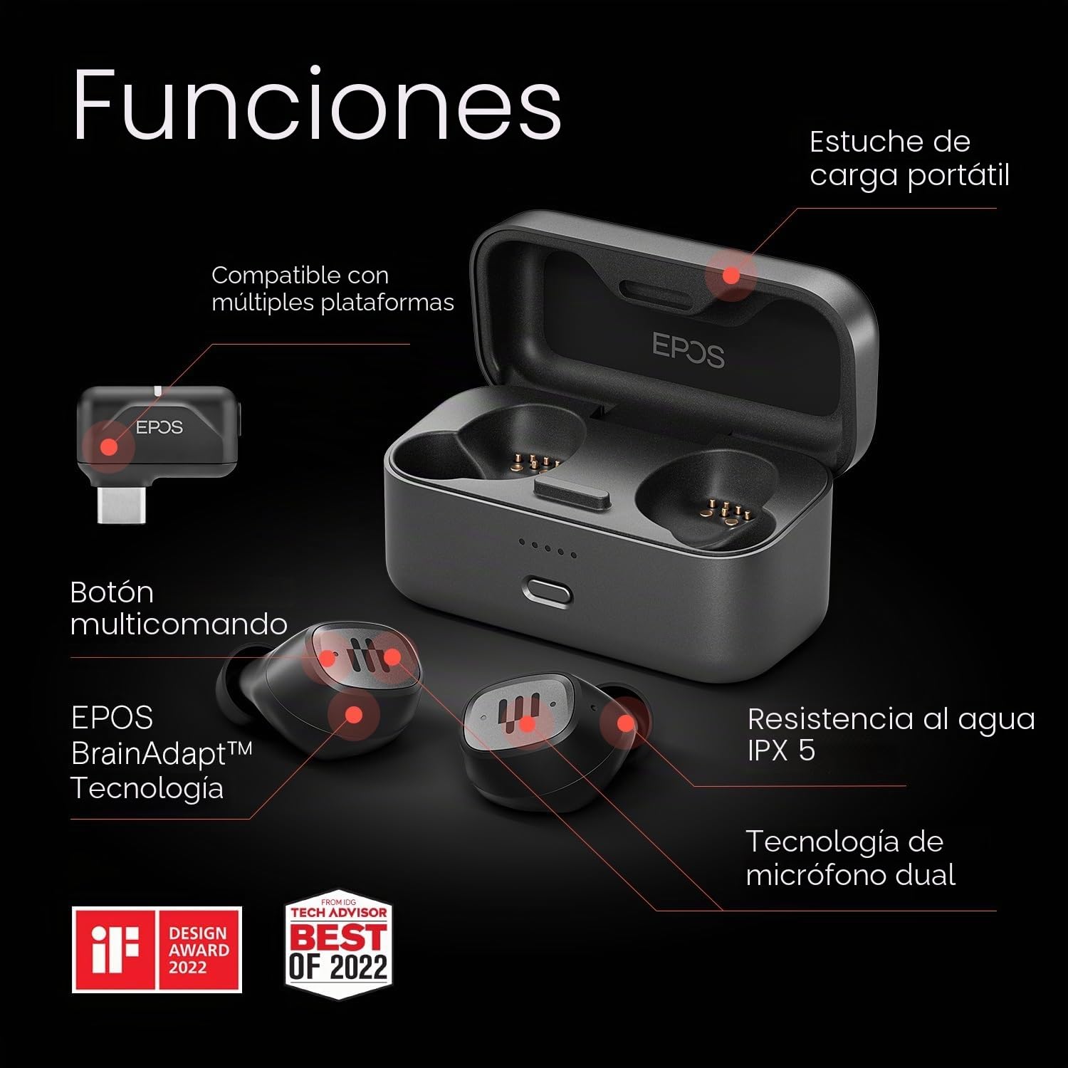 EPOS GTW 270 - Auriculares inalámbricos híbridos para juegos, Bluetooth y USB-C, diseño cerrado que reduce el ruido, micrófonos duales, ajuste ergonómico, resistente al agua IPX 5, funda de carga