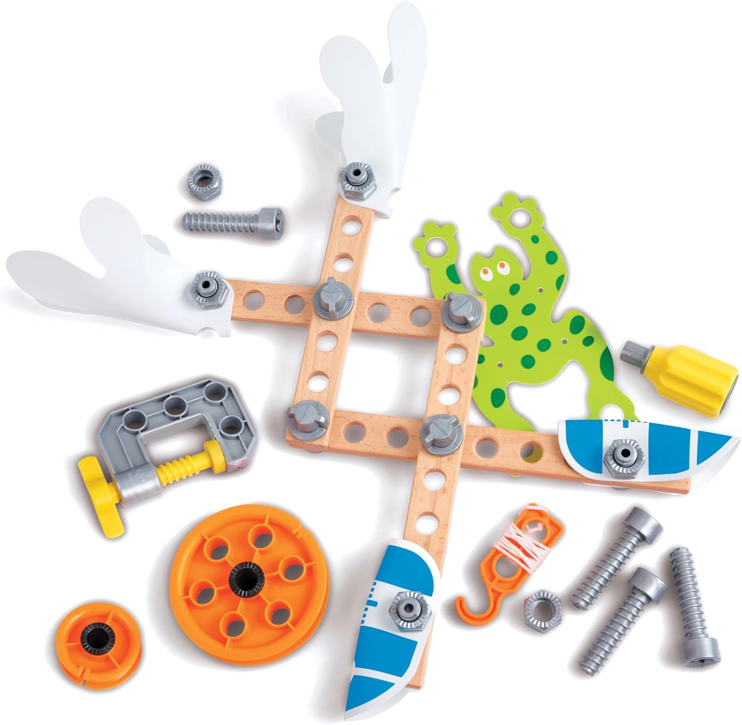 Hape Three Experiment Kit | Junior Inventor Kids Physics Mechanical Crane, Grabber & Climbing Frog Play Set for Children Aged Four & Up