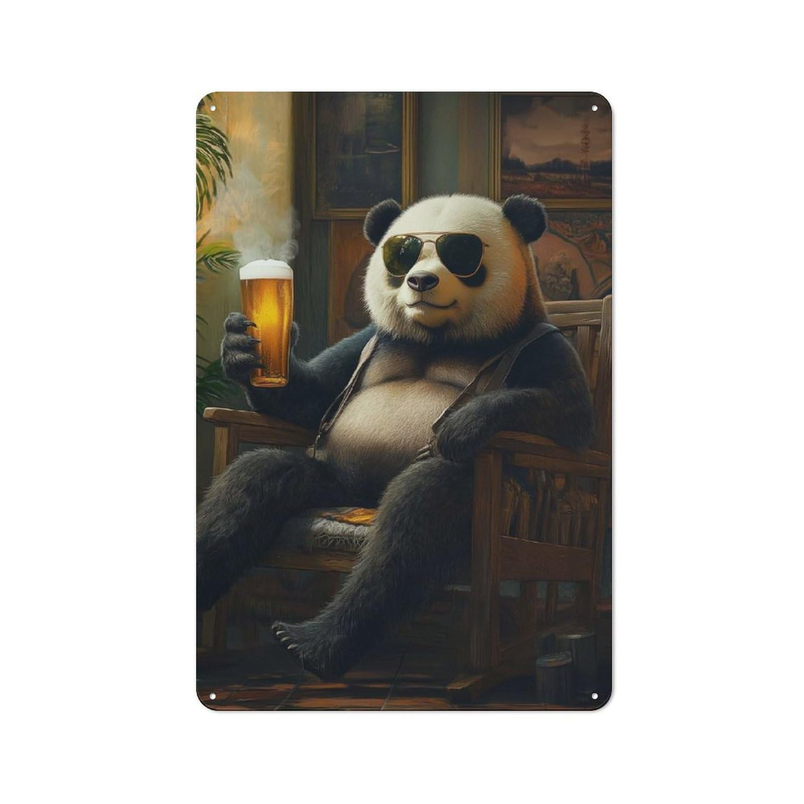 Junmoney Panda Bear Relaxing With Beer Rustic Metal Plaque 30X20cm For Lounge Or Reading Corner, For Home Office, Studio And Craft Room Walls