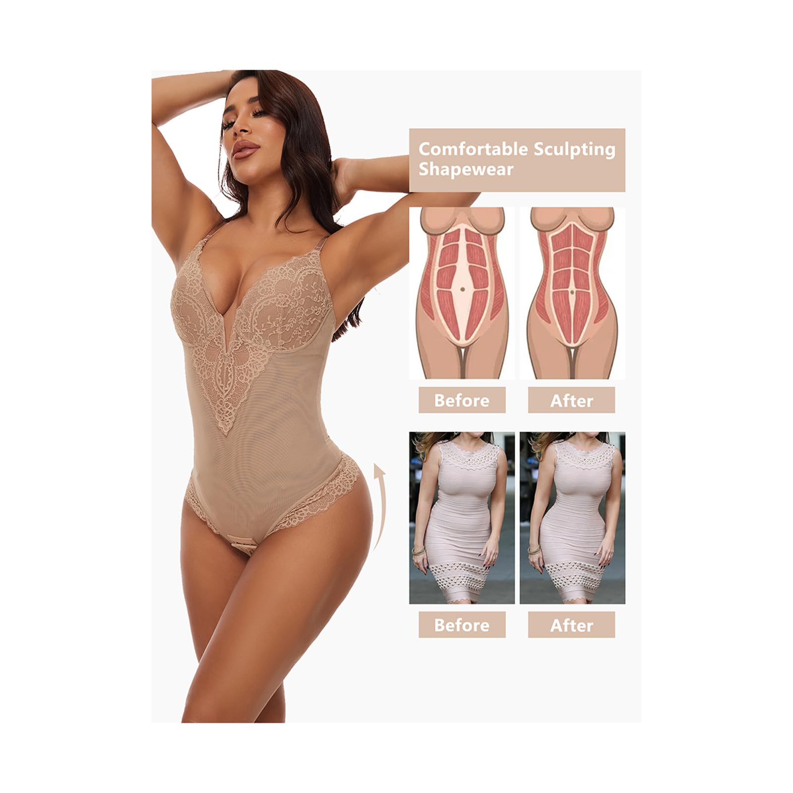 Body de Malla de Encaje para Mujer, Ropa Moldeadora con Control de Barriga, Cuello en V, Tangas, Ropa Interior, Monos de recuperación adelgazantes