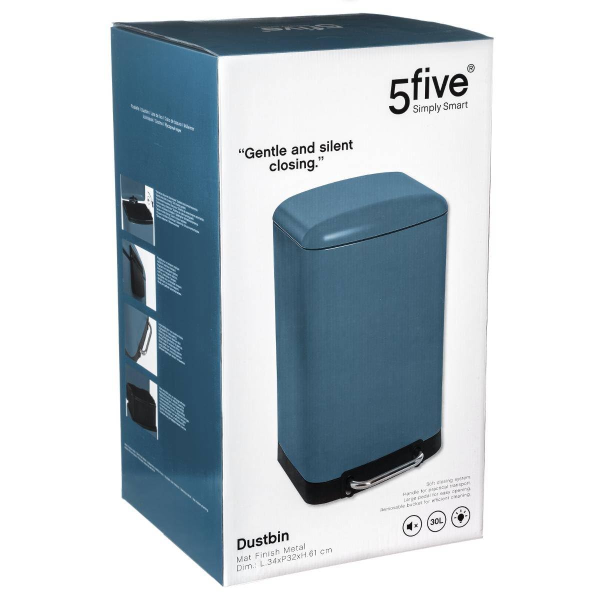 5Five - Cubo de basura metálico para cocina Ariane de 30 l en azul pato - Cubo extraíble y asa trasera - Cierre silencioso