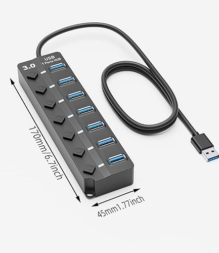 Miniatura 2 de PANPEO Hub USB 3.0, divisor de concentrador de datos USB de 7 puertos con cable de 3 pies de largo extensión USB para laptop, computadora de PC,
