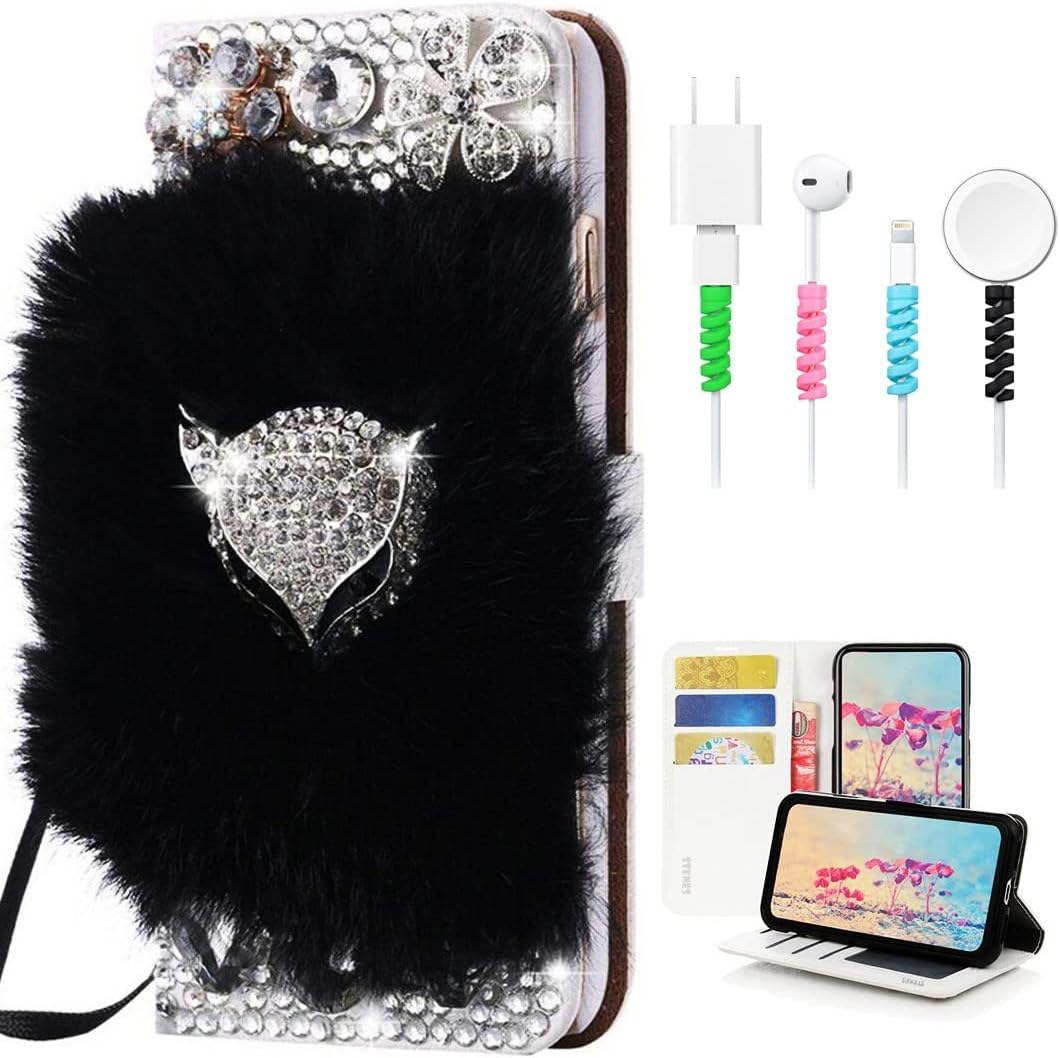 STENES Bling Wallet Phone Case Compatible with Samsung Galaxy Z Fold 4 5G Case - Stylish - 3D Handmade Luxury Fox Flowers Design Leather Cover with Cable Protector [4 Pack] - Black