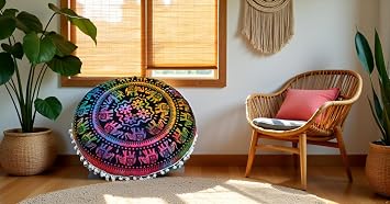 Round Mandala Floor Pillow Cover Seating Cushion Throw Case Hippie Decorative Bohemian Ottoman Pouf Cover, Pom Pom Pillow Cases,Boho Indian 22 Inches (Multi Up hathi)