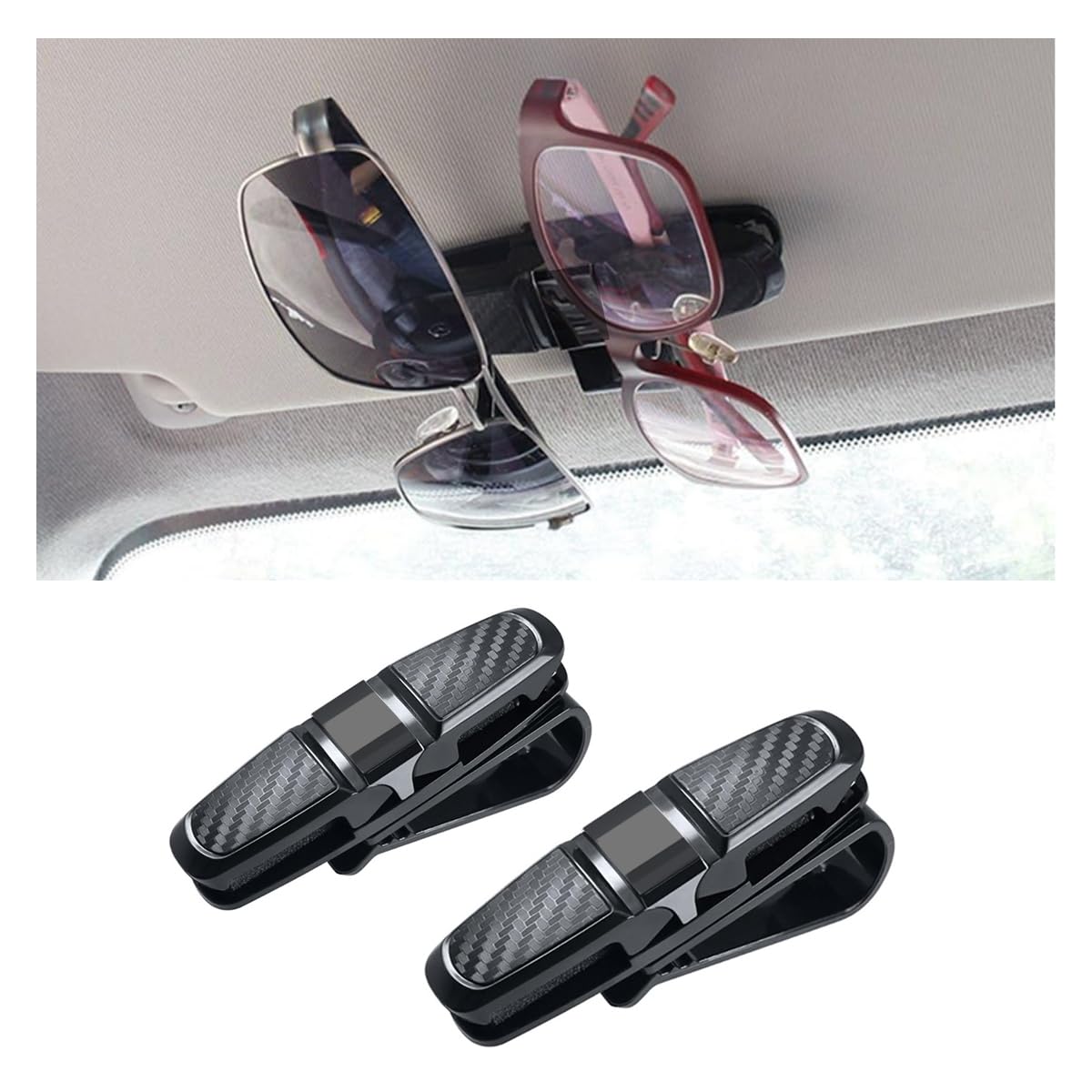 GLSOWEE 2PCS Glasses Holders for Car Sun Visor, Glasses Clip Organizer, Sunglasses Mount with Ticket Card, Car Sun Visor Double End Clip, 180 Degree Rotational Car Glasses Holder (Gray)