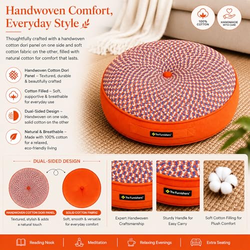 Image of Reversible 60x60x10 cm Woven Quilted Orange Floor Cushion with Cotton Filler for Seating, Patio Seat, Meditation, Yoga, Pooja, Guests, Living Room, Bedroom, Large Size 24x24x4 Inch
