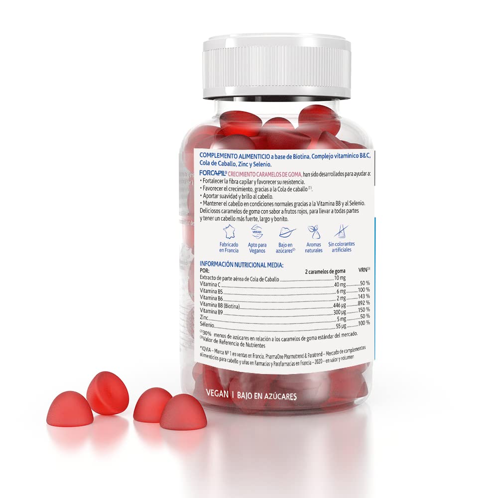 Arkopharma Forcapil Crecimiento, Pack Tratamiento de 3 meses, Sabor Frutos Rojos, Fuerza, Vitalidad y Brillo, Alta Concentración en Biotina, Vitamina B y C, Rojo, 60 Unidad (Paquete de 1)