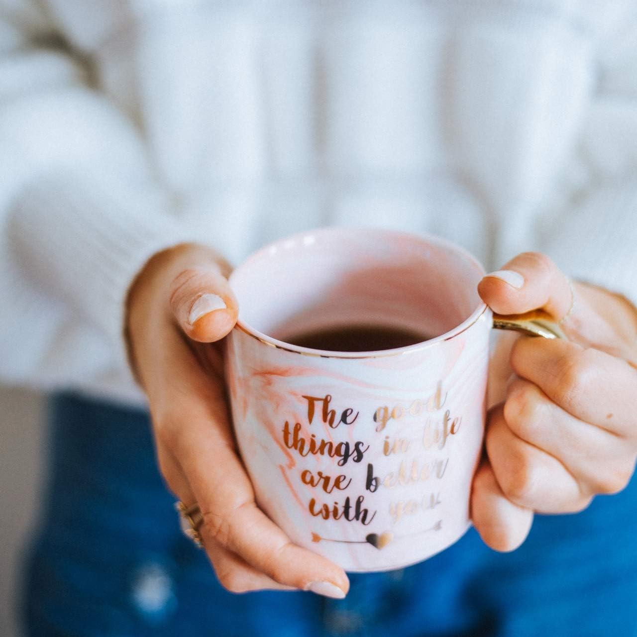 Coffee Mug Present for Mom Girlfriend - Birthday Presents for Her Sister Wife Daughter - Pink Marble Ceramic Cup 11 Ounce