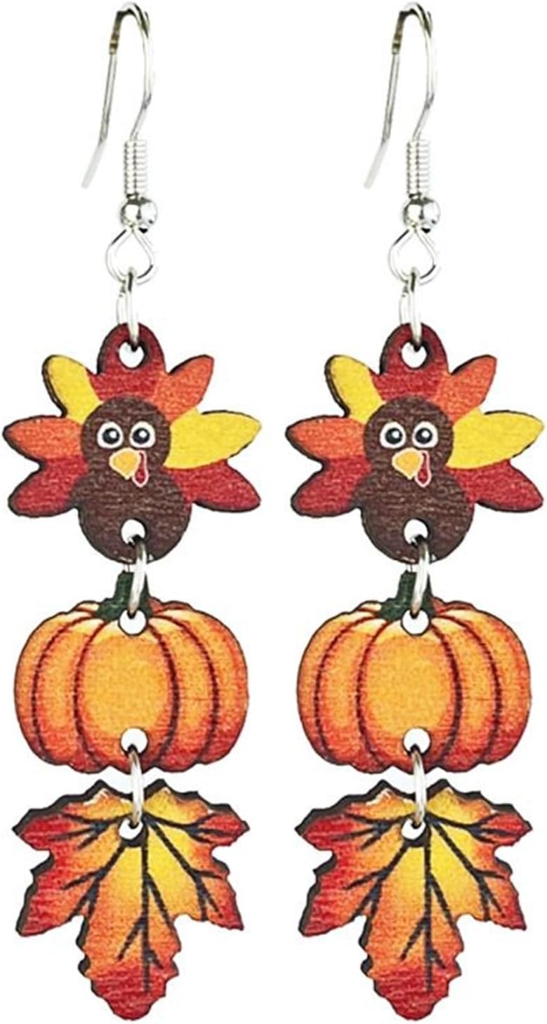Thanksgiving Earrings for Women Dangling Wooden Turkey Pumpkin Maple Leaf Earrings Fall Autumn Dangle Ear-rings Thanksgiving Day Jewelry Gifts for Her