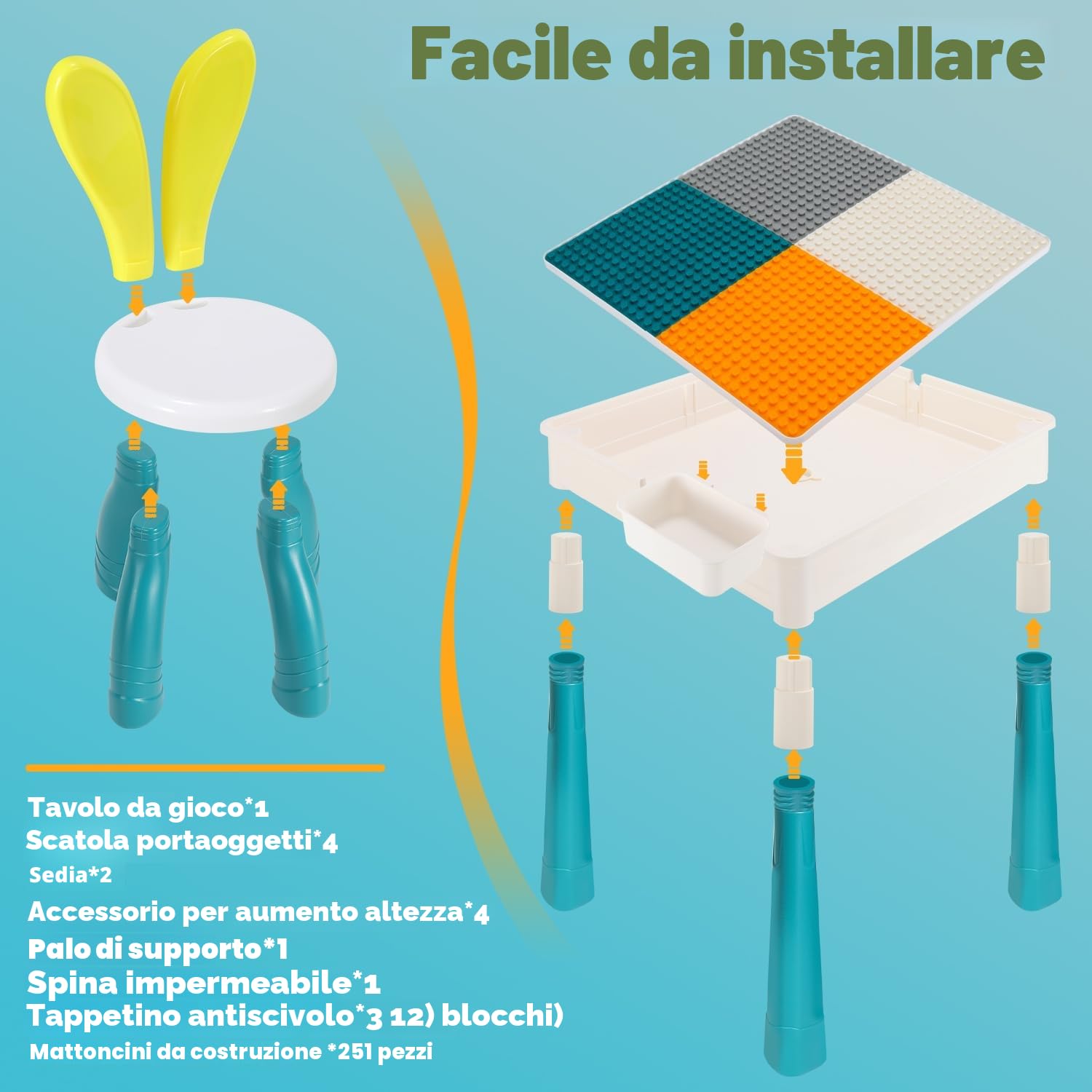 Tavolo Attività per Bambini Ansobea, Set Tavolo e Sedie per Bambini con Altezza Regolabile, 251 Pezzi di Mattoncini Compatibili Gioco Include 2 Sedie e Ampio Spazio di Stoccaggio, Tavolo per Bambini