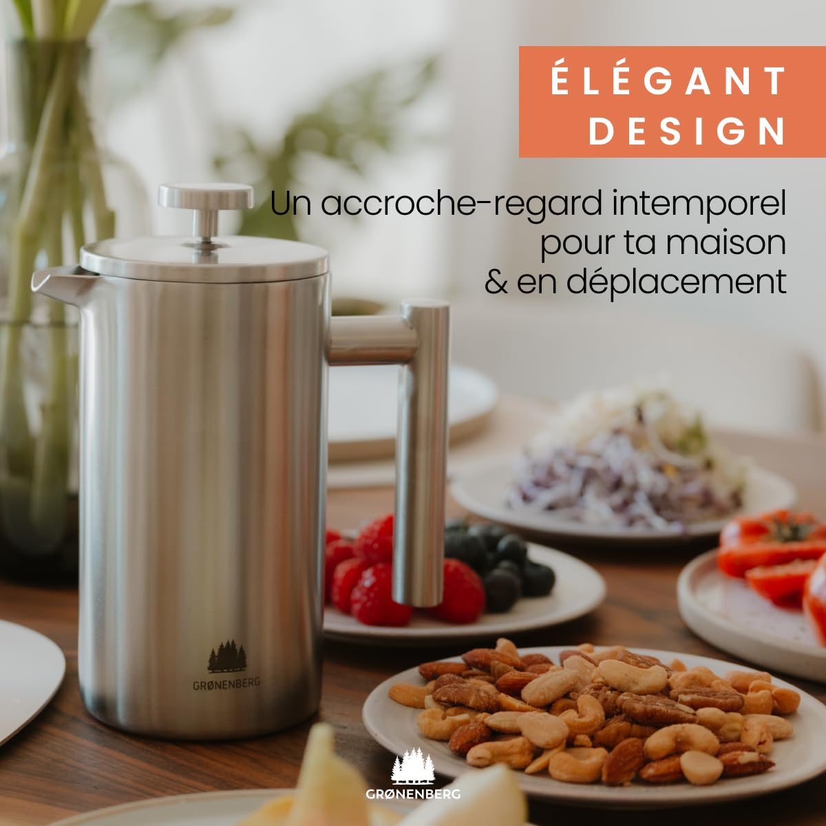 Groenenberg Cafetière à Piston | French Press avec filtres de rechange | 0,6 litre (3 tasses) | Cafetière a Piston en acier (inox)