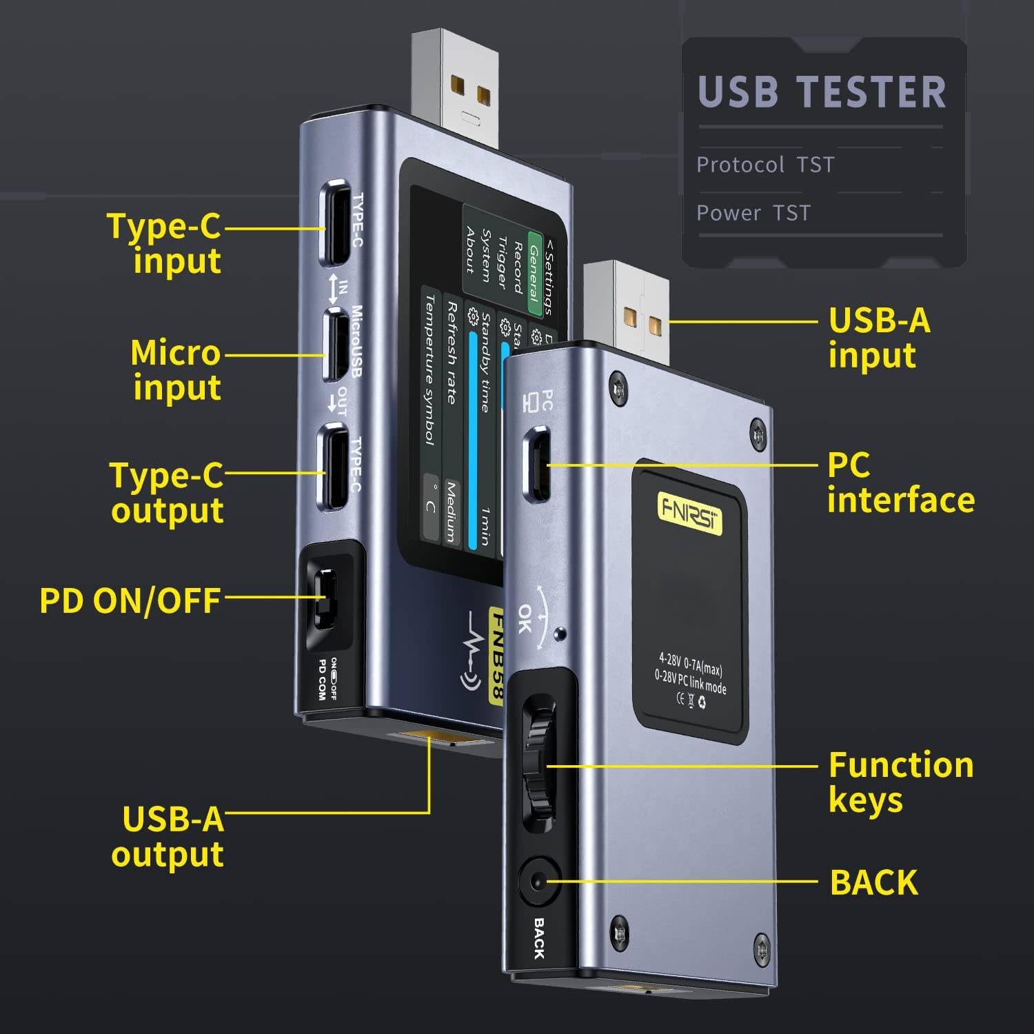 Tester USB FNB58 Multifunzionale Voltmetro Amperometro Digitale Amperometro USB Tester con Bluetooth Trigger e Rilevamento Rapido Della Carica 0-7A 4-28V