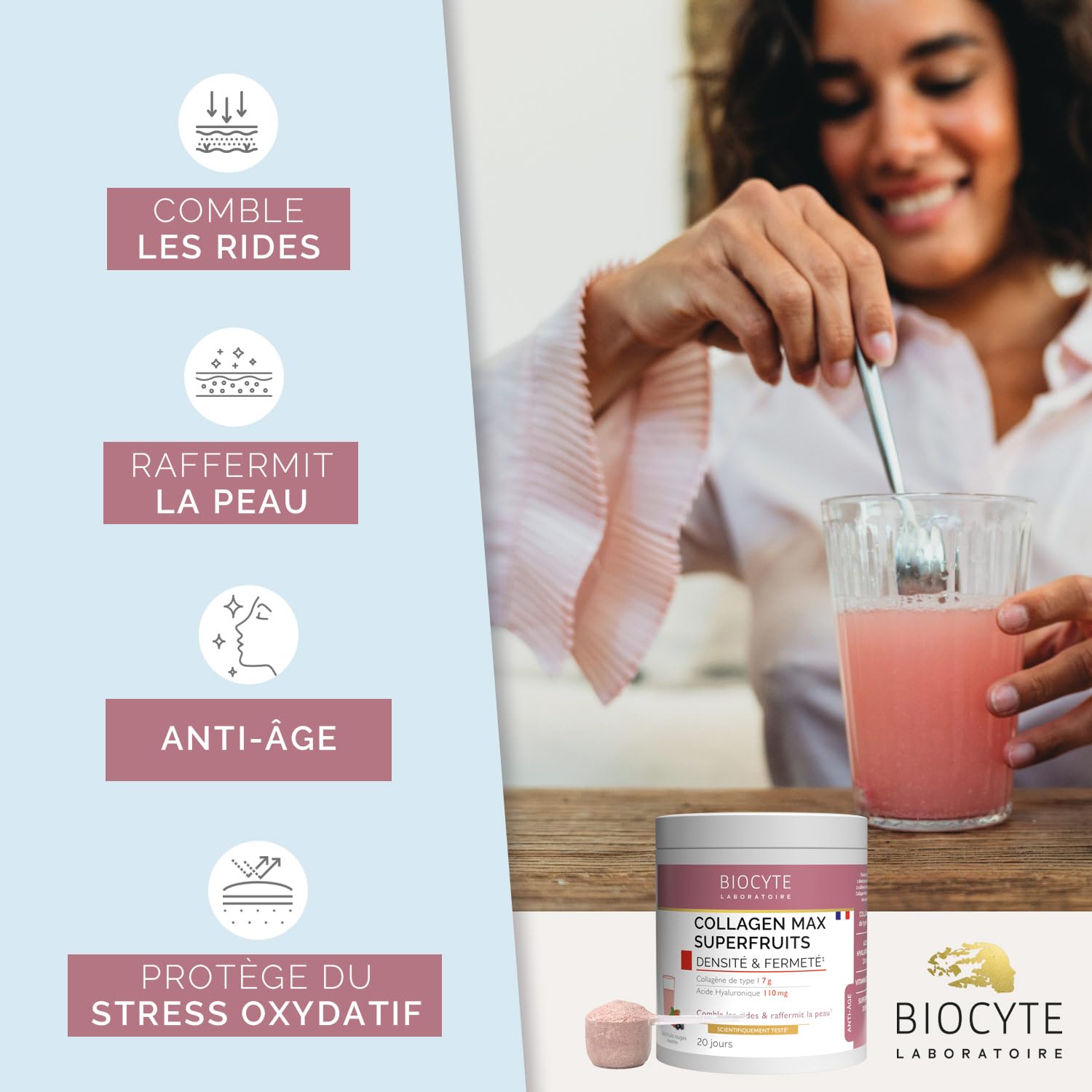 BIOCYTE Collagen Max Superfruits - Complément Alimentaire Anti-Âge Jeunesse de la Peau - Collagène, Acide Hyaluronique, Açai, Acérola, Vitamine C - 20 jours de prise