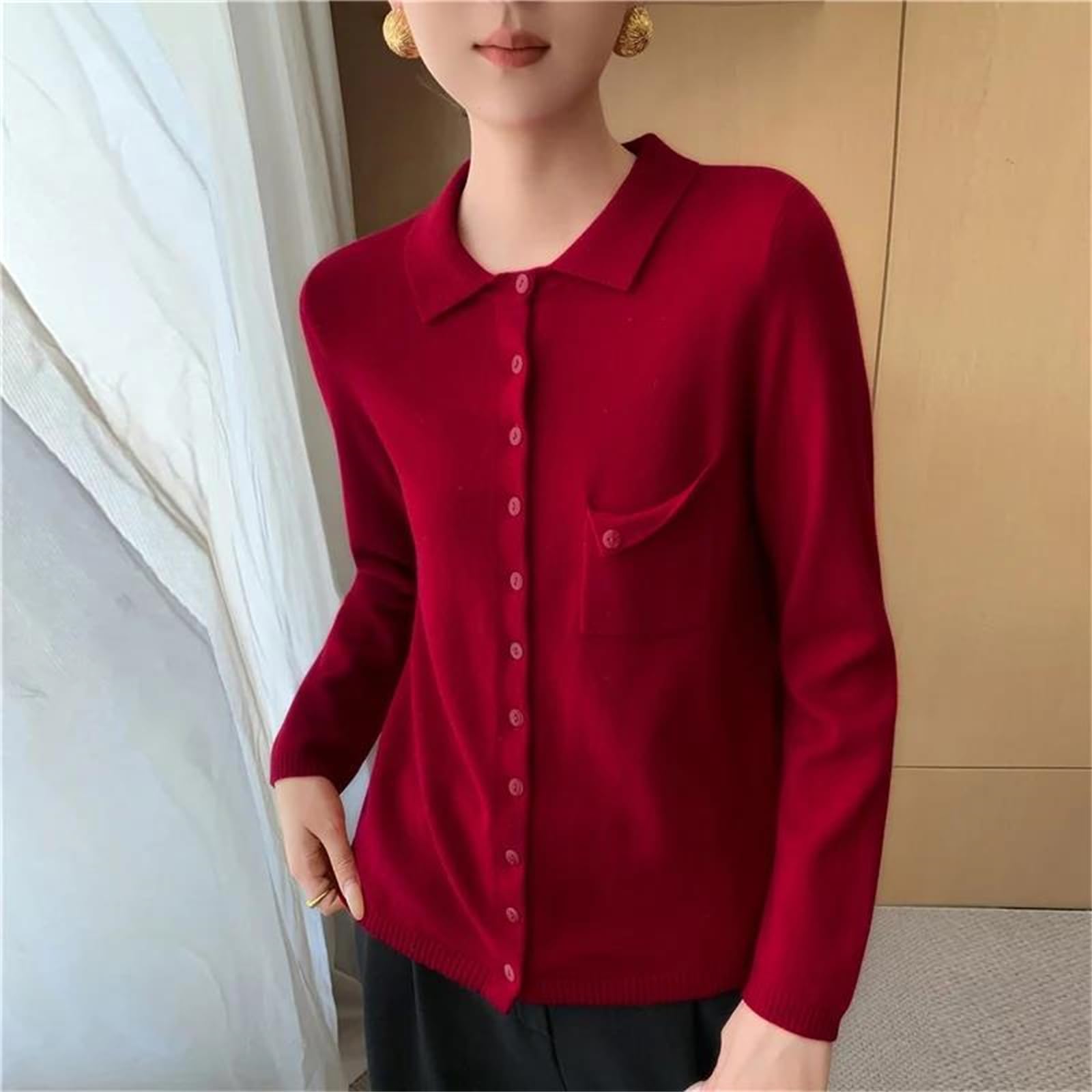 Cárdigan de lana merino para mujer, con cuello vuelto, botones, de punto grueso, para otoño e invierno, chaquetas cálidas con bolsillos