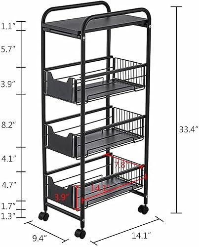 Miniatura 5 de Estante de almacenamiento de 4 niveles para cocina con ruedas, organizador de metal, carrito deslizante, cajón rodante, organizador de utilidad,