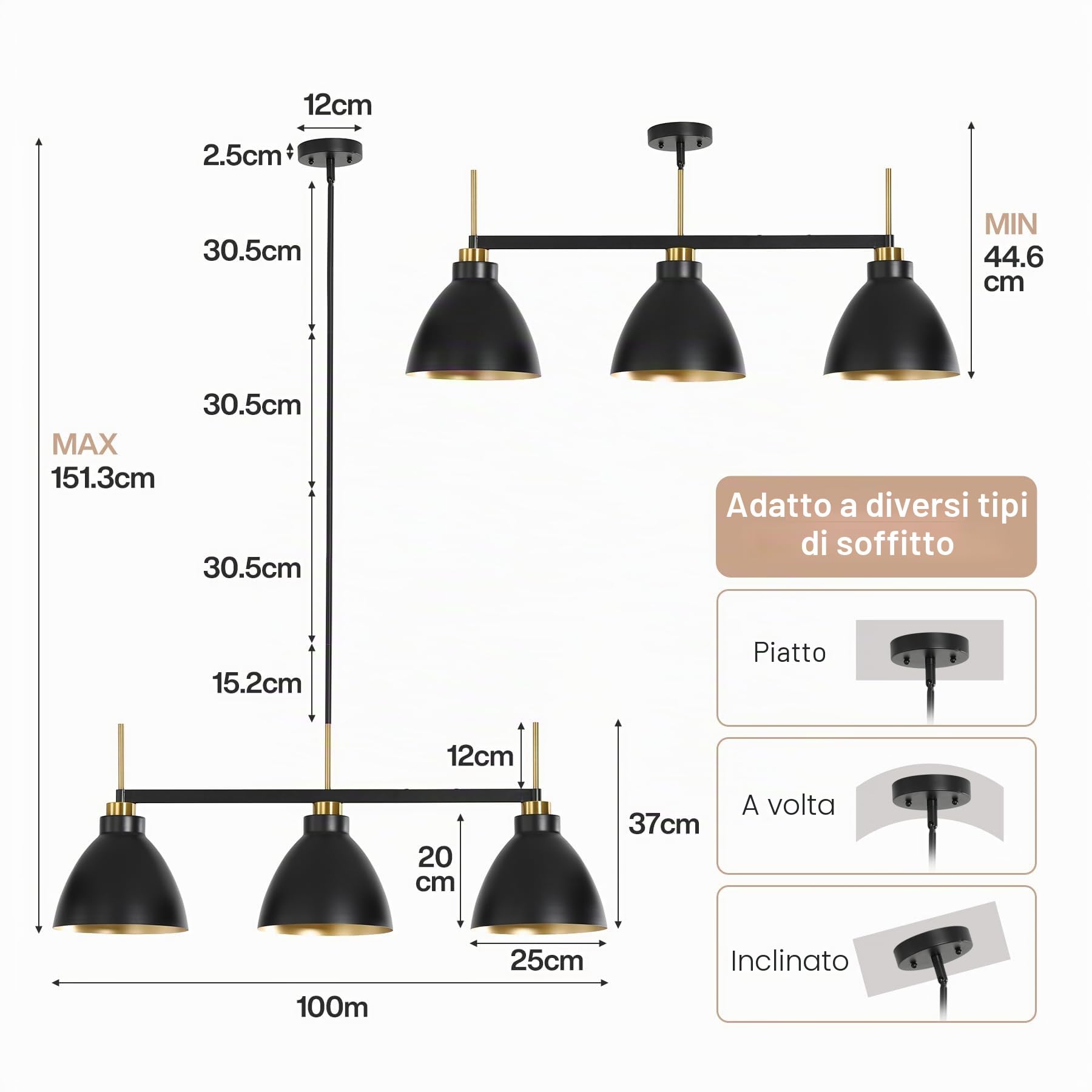 Tribesigns Lampada a sospensione vintage con 3 luci, lampada a sospensione industriale nera e dorata con aste regolabili per sala da pranzo, cucina e soggiorno (attacco E27, lampadina non inclusa)