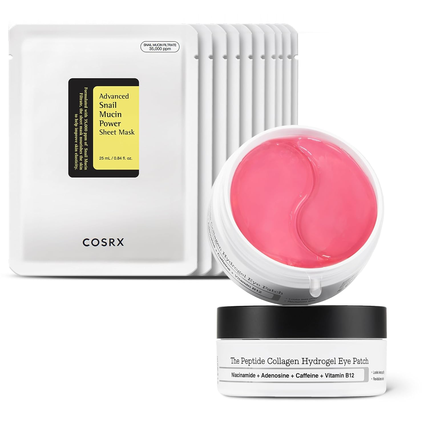 COSRX Snail Mucin Sheet Mask 10 EA + Peptide Collagen Hydrogel Eye Patch, Korean Skin Care