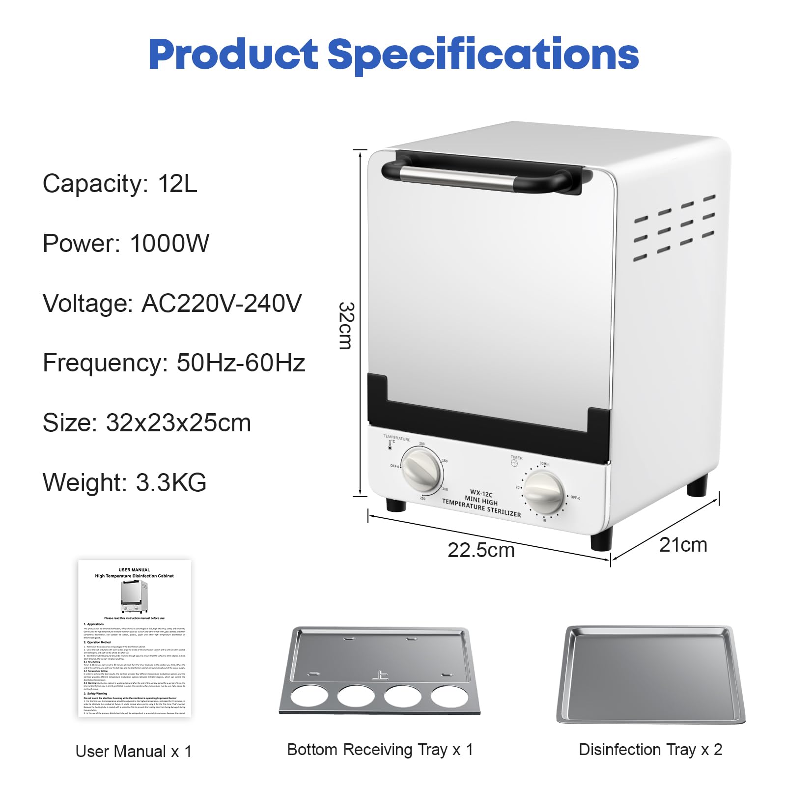 Xverycan 1000W Esterilizador de aire caliente Desinfección, 12L de calor seco de alta temperatura Esterilizador, Pequeños esterilizadores para herramientas de uñas, herramientas cosméticas