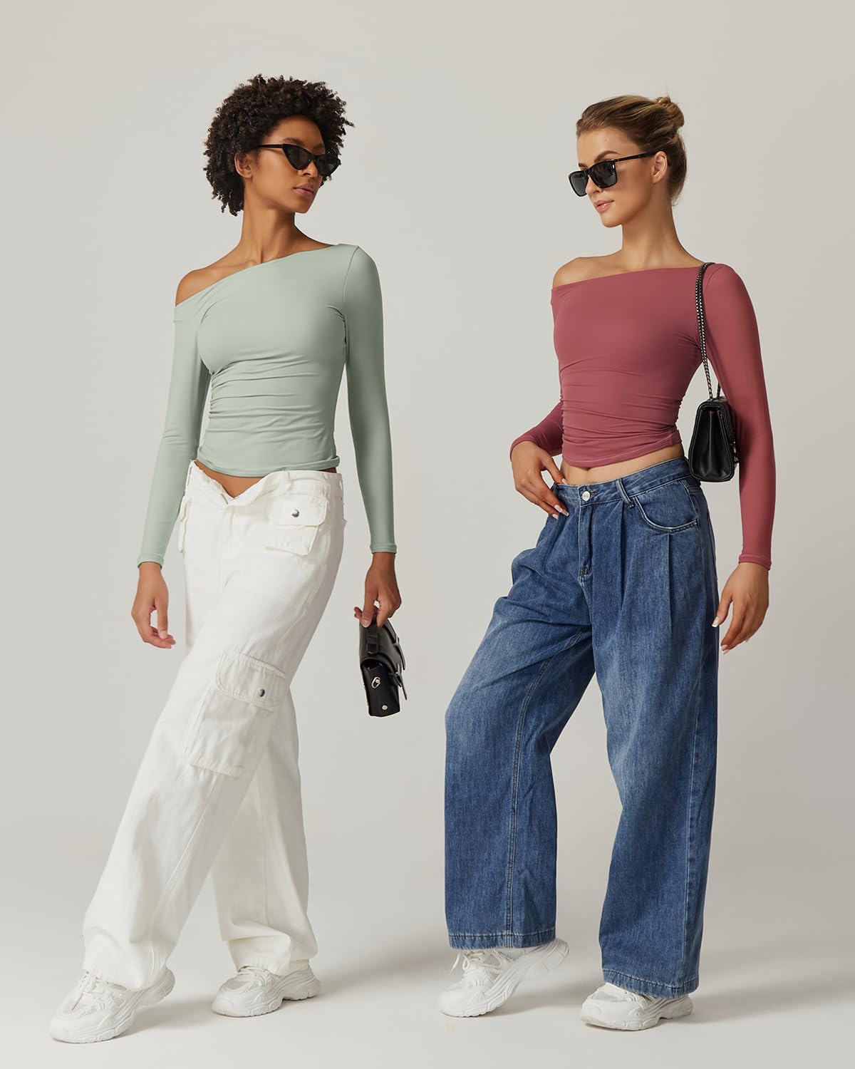 QINSEN Women's Sexy Off Shoulder Shirt Long Sleeve Double Lined Tops Side Ruched Fitted Tees - Image 6