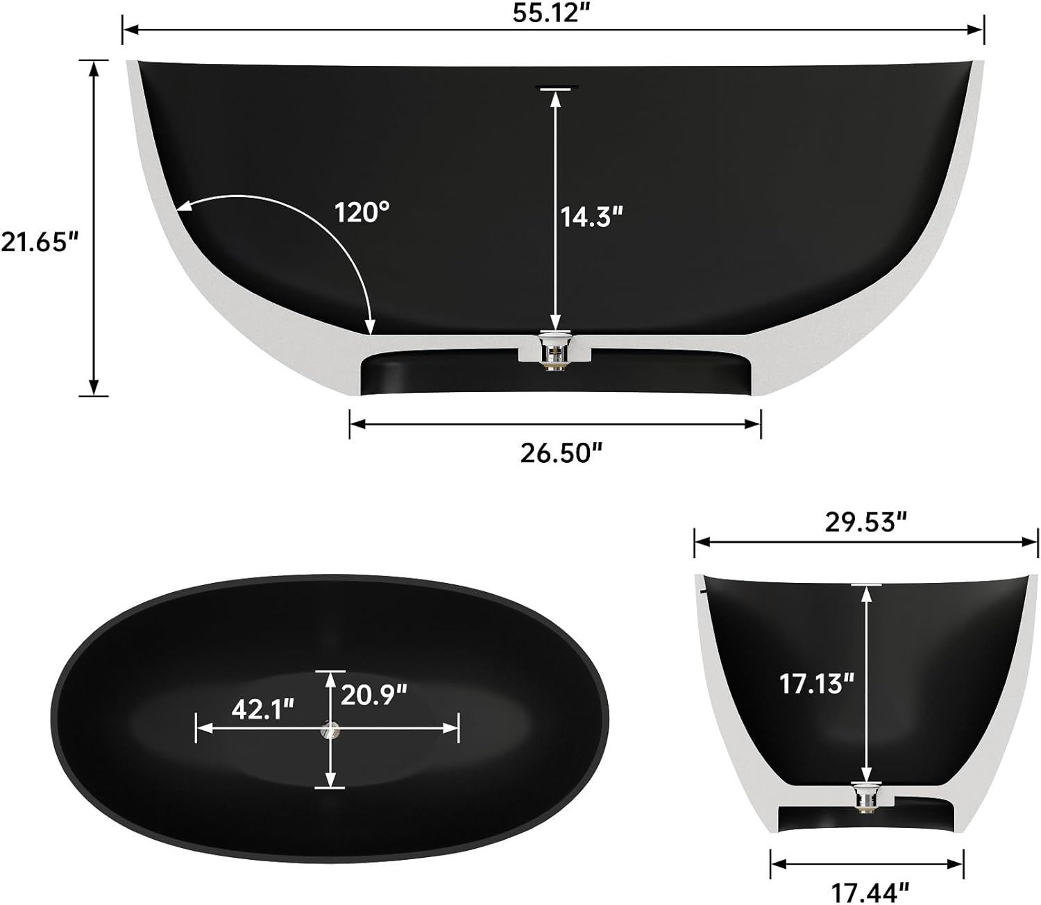 55" Premium Solid Surface Freestanding Bathtub, Upgraded Oval Stone Resin Tub with Overflow and Pop-up Drain, Matte Black