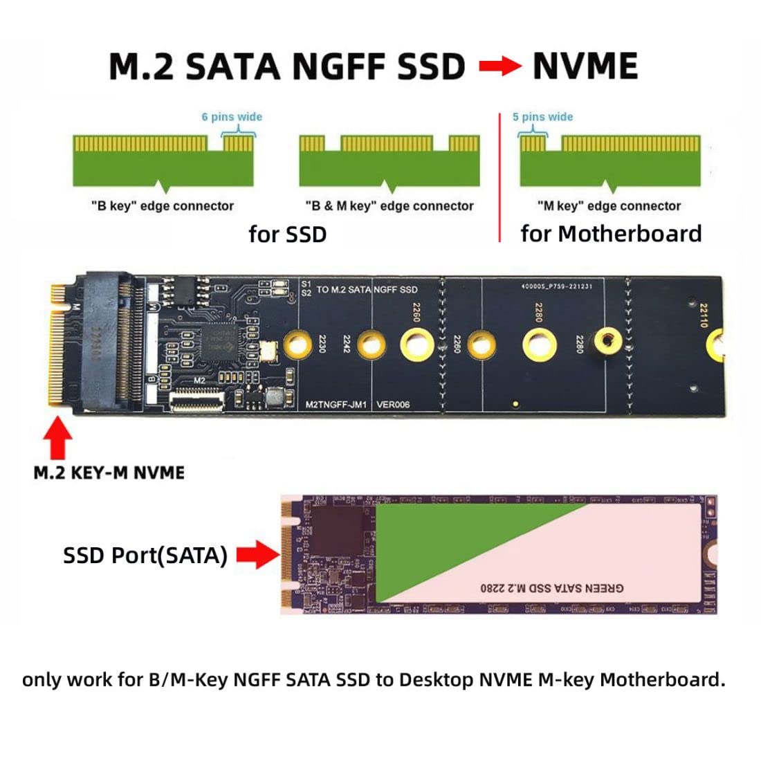 chenyang Adaptador convertidor de tarjeta de expansión M.2 SSD SATA NGFF B+M a NVME M-Key JMB582 Chipset para placa base 2230/2242/2260/2280/22110