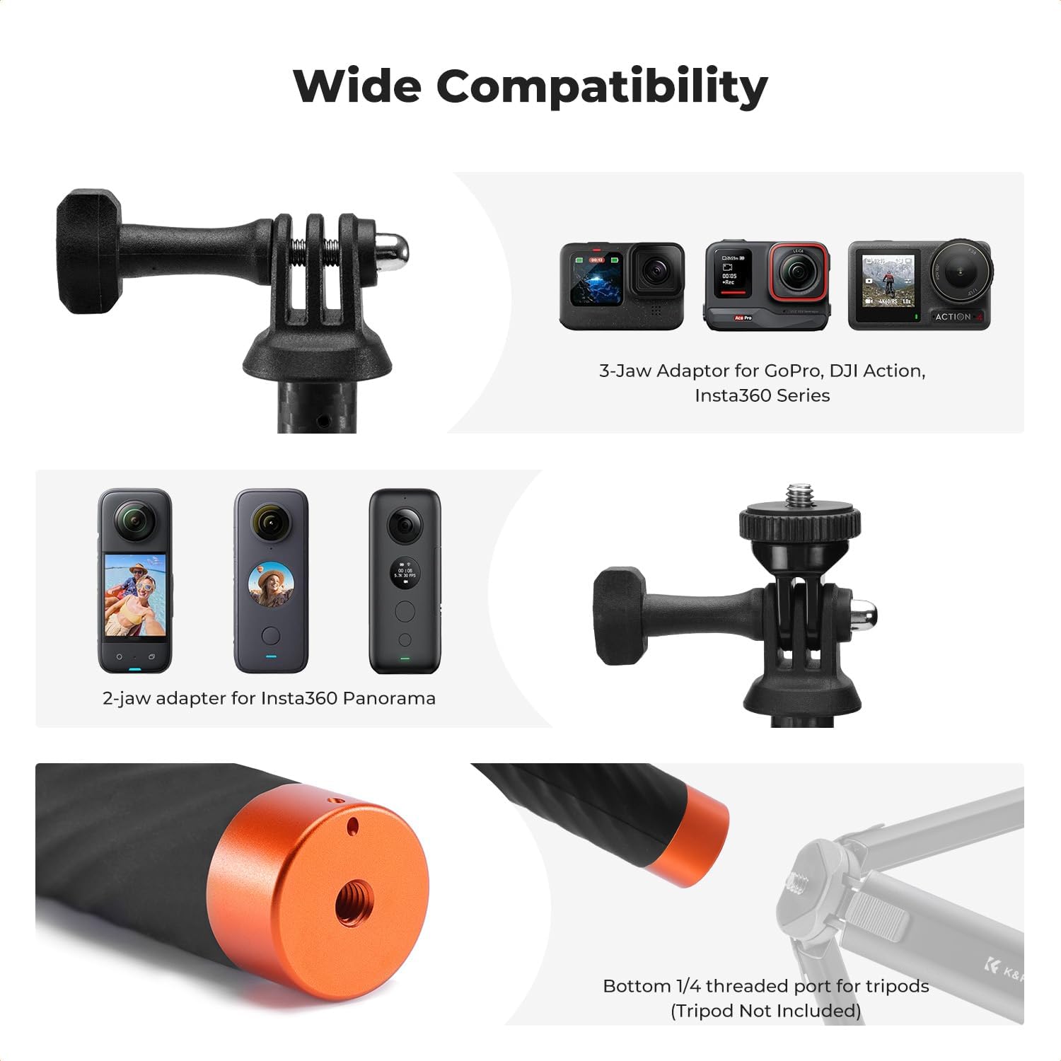 K&F CONCEPT Carbon Fiber Selfie Stick, 127cm/50in Extension Long Pole Compatible with Insta360 X5 X4 X3 ONE X2 Ace, Ace Pro, Ace Pro 2, GO 3/3S, GO Ultra, DJI Osmo 360 Action Cameras