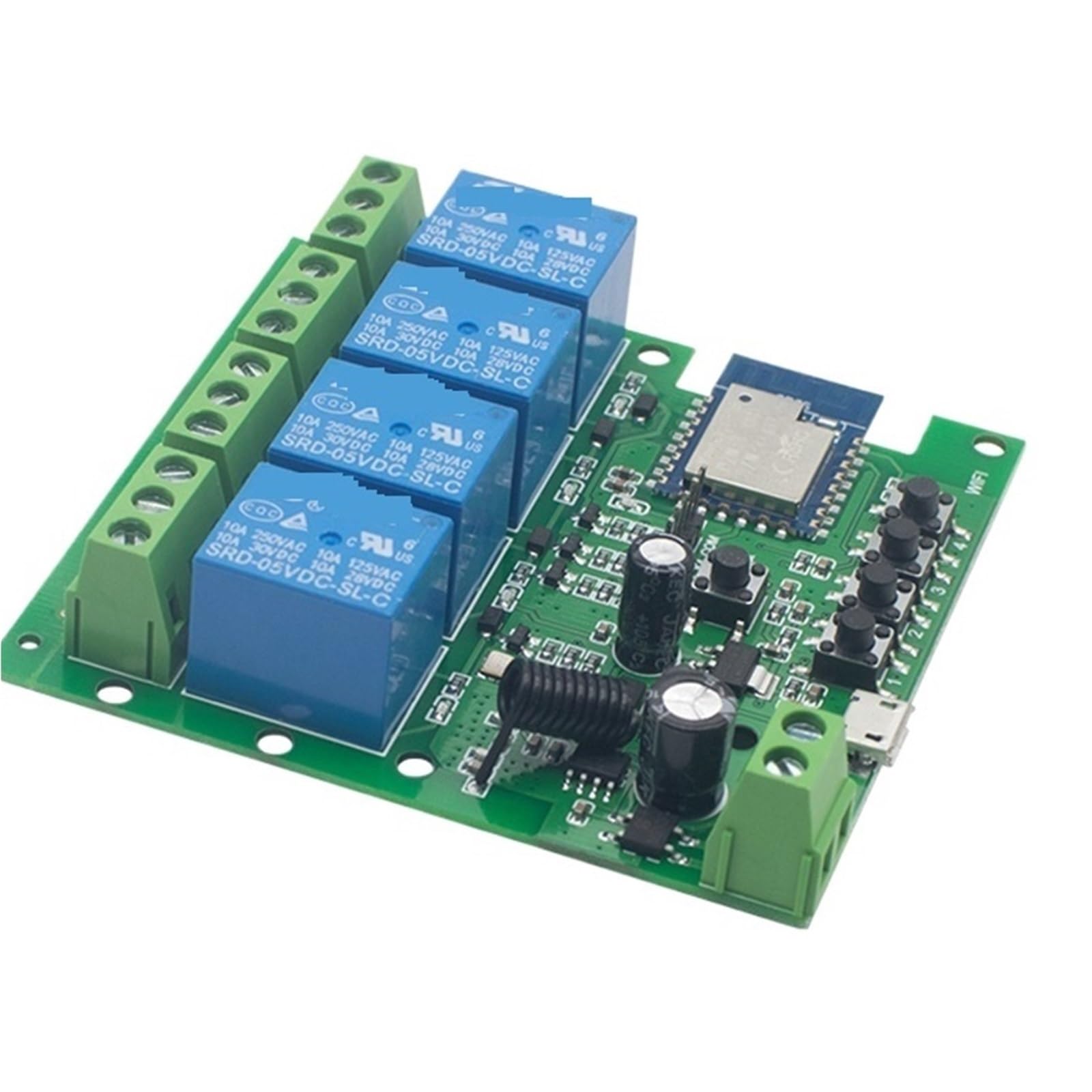 Receptor De Canal 1/2/4 Con WiFi, CA, CC 7-32 V, 85-250 V, 12 V, 24 V Y 220 V, Relé De 10 A Y 16 A For Módulo De Interruptor Inteligente De 1/2/4 Canales, Control Inalámbrico.(4CH 7-32V no shell)