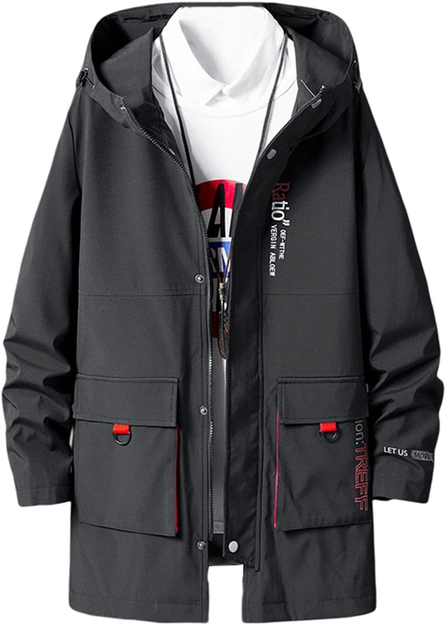 [Vihana] トレンチコート メンズ 春物 秋服 大きいサイズ ゆったり グラデーション 英字柄 ミドル丈 フード付き ジップア