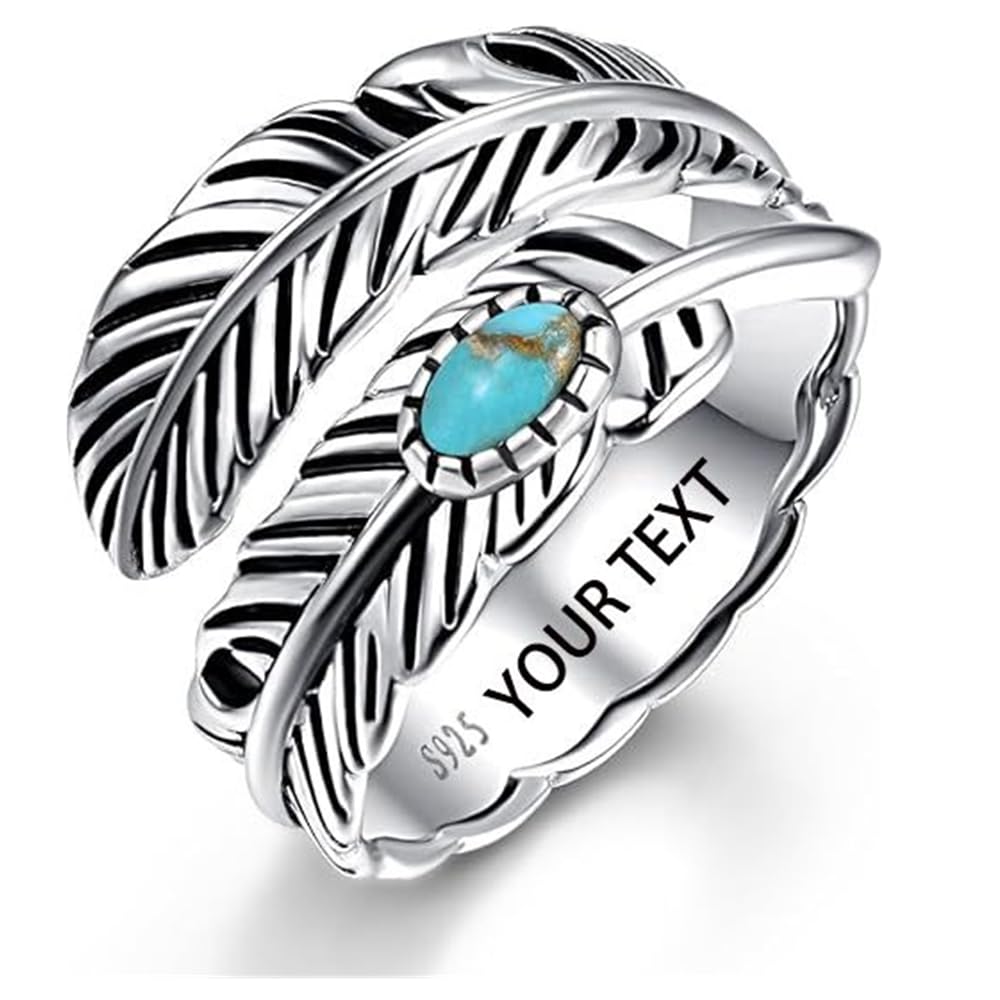 AVECONSterling Silver Feather Ring with Black Onyx & Turquoise - Adjustable Stacking Vintage Statement Ring for Women & Men