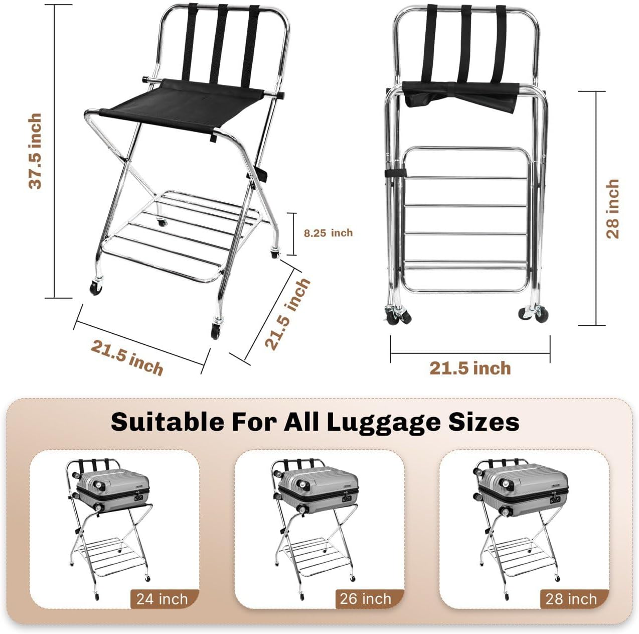 Foldable Luggage Rack with Wheels for Guest Room - Metal Frame Folding Suitcase Stand With 2 Shelves - Portable Luggage Storage Rack - Easy Assembly Suitcase Holder for Hotel, Travel and Bedroom