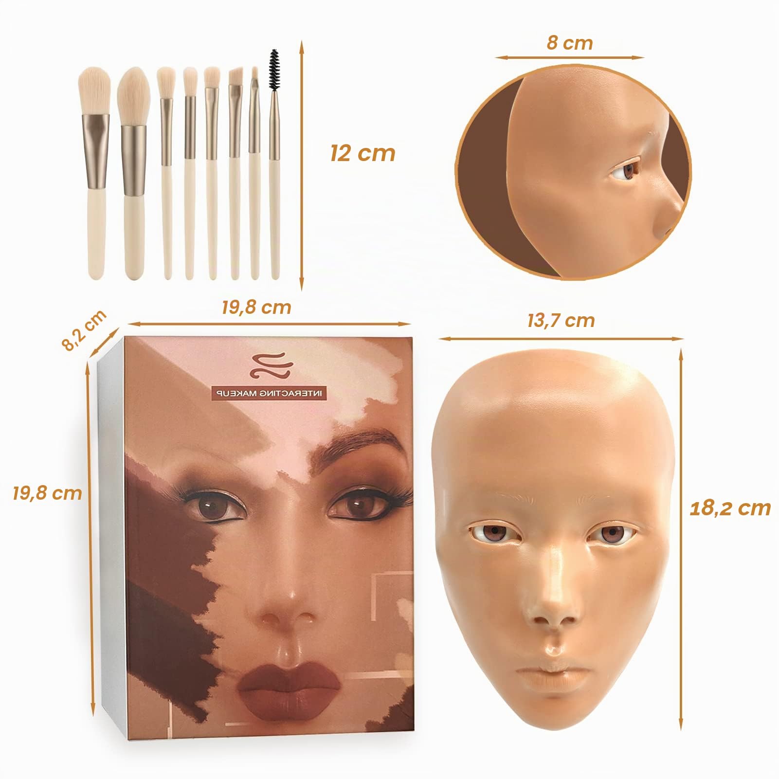 Tête de mannequin 3D en silicone réutilisable avec pinceaux de maquillage, pour artistes émergents et filles