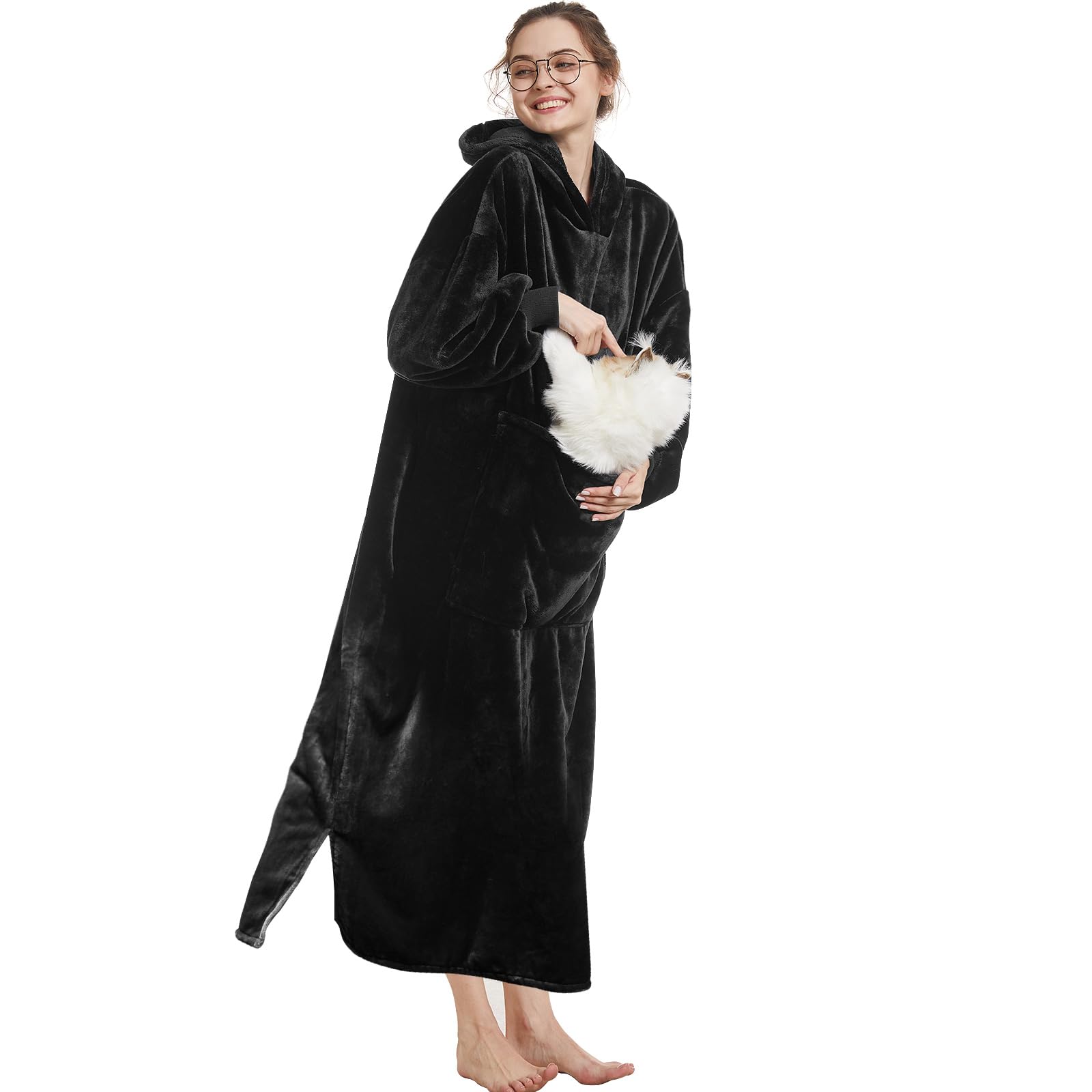 Aemilas Long Wearable Blanket Hoodie-Soft Lightweight Flannel Hooded Blanket Sweatshirt as Mothers Day Gifts-Black