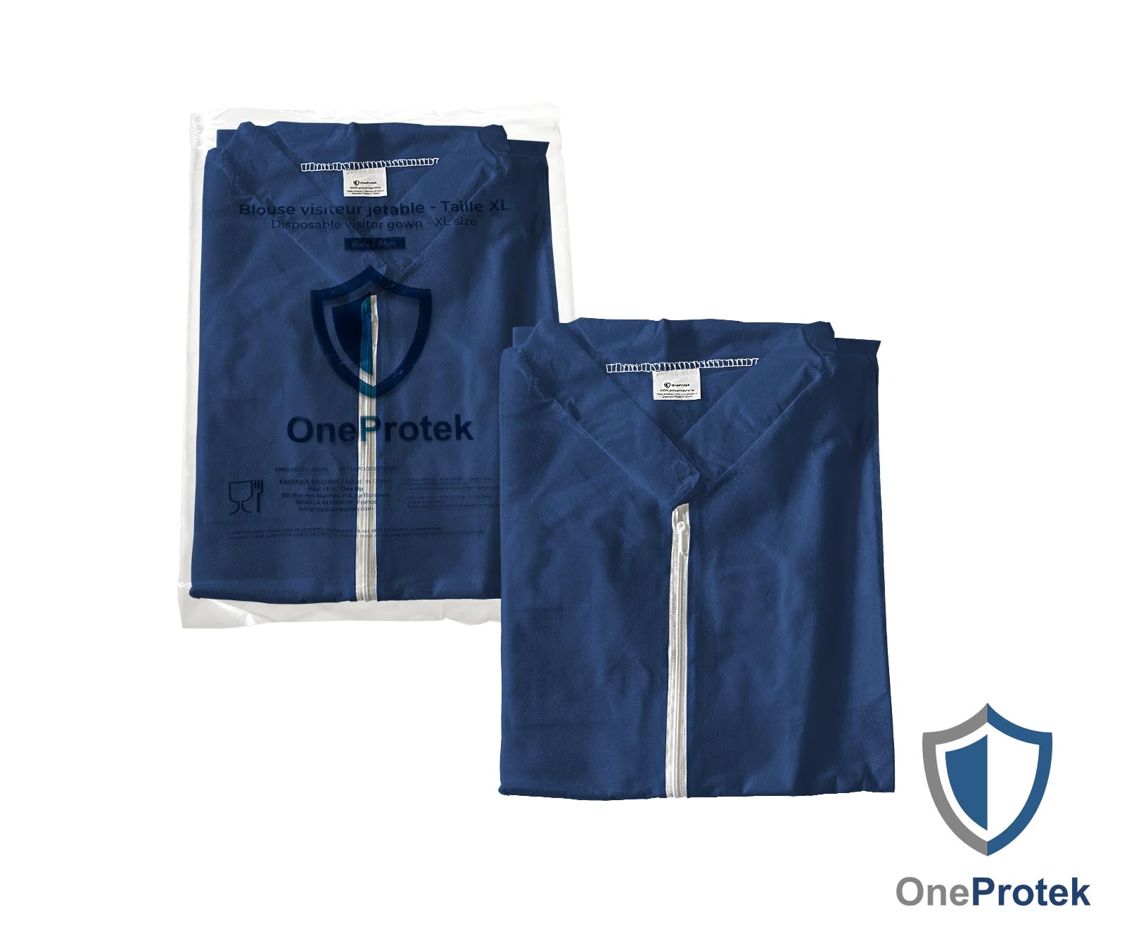Lot de 10 Surblouses Jetables Bleues XL OneProtek - Blouse de protection fermeture éclair, Médical et industriel, Polypropylène non-tissé, Conforme contact alimentaire, Confortable et Résistante