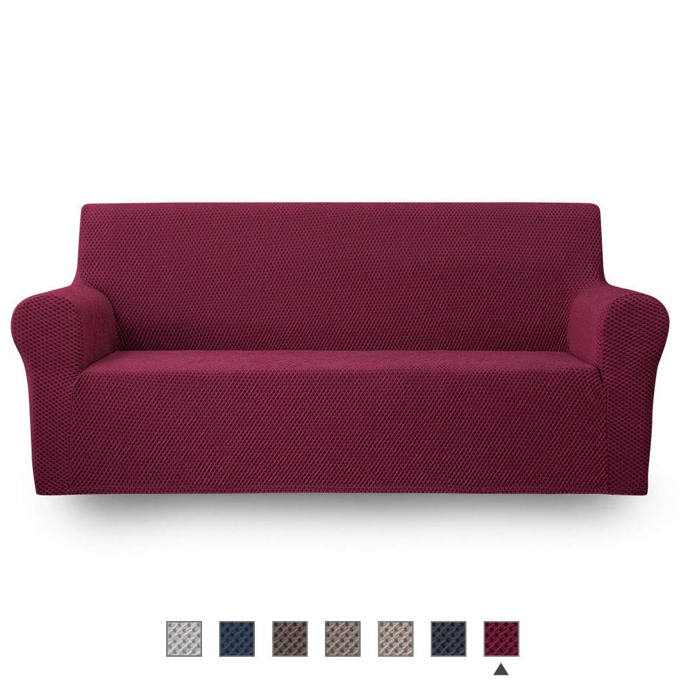 NICEEC Sofa Slipcover Red Sofa Full Cover Two-Tone 1 Piece Easy Fitted Sofa Couch Cover Universal High Stretch Durable Furniture Protector Country Style (3 Seater Wine Red)