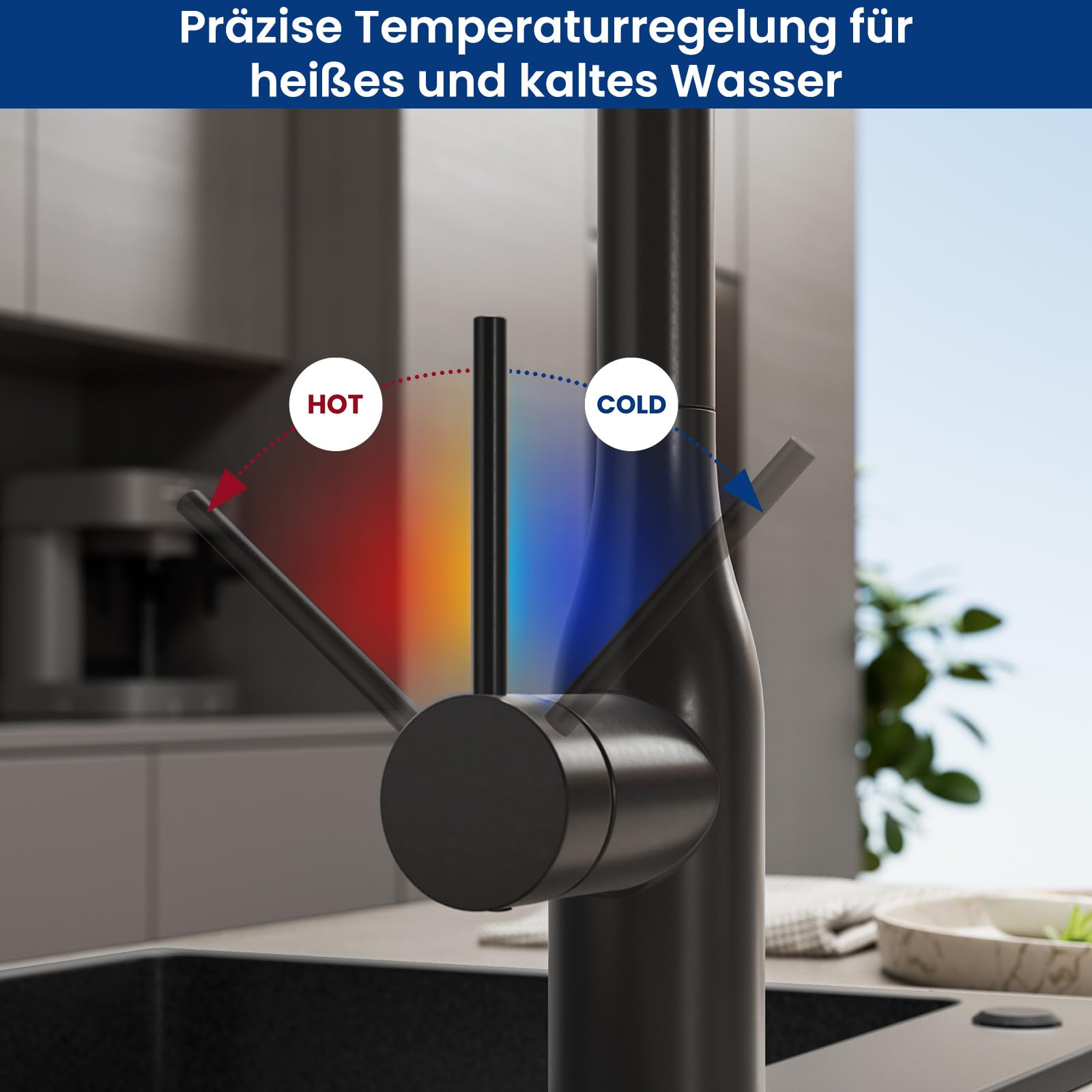 CECIPA Grifo de cocina extensible, grifo de cocina de alta presión, negro, giratorio 360°, arco alto, robusto y sin fugas, fácil instalación, grifo mezclador con caño de tracción | Grifo de Cocina Fregadero Giratorio a 360° Torneira Cozinha Monomando Negr