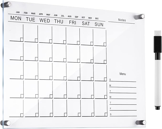 Acrylic Dry Erase Calendar for Wall, 15.7x12 Inch Clear