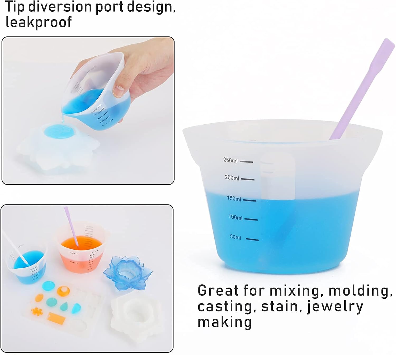 Gartful 3-Piece Silicone Craft Tools Kit - Black, Includes Oversized Silicone Mat, 500ml & 250ml Measuring Cups for Epoxy Resin, Glue, Paint Pouring