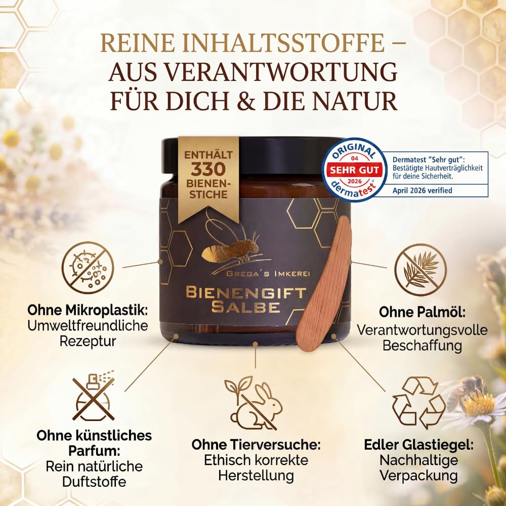 Gregas Bienengiftsalbe 100 ml stark konzentriert mit „Sehr gut" im Derma Test. Sanfte Entspannung für beanspruchte Muskeln & Gelenke - je Dose ca. 330 Bienenstiche (1x 100 ml (1er Pack)